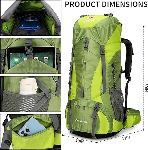 Vista 3 de Mochila de senderismo para hombres y mujeres, 70L+5L, impermeable, ligera, mochila de camping con cubierta de lluvia, sin marco, Verde, Mochila