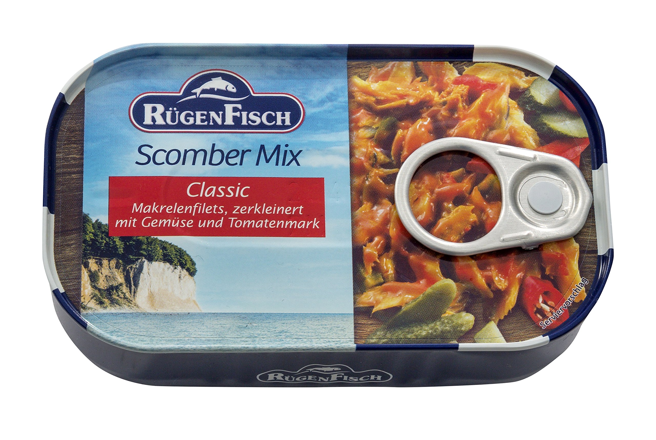 Rügen Fisch Scomber Mix, Makrelenfilets zerkleinert mit Gemüse und Tomatenmark, 120g (Packung mit 6)