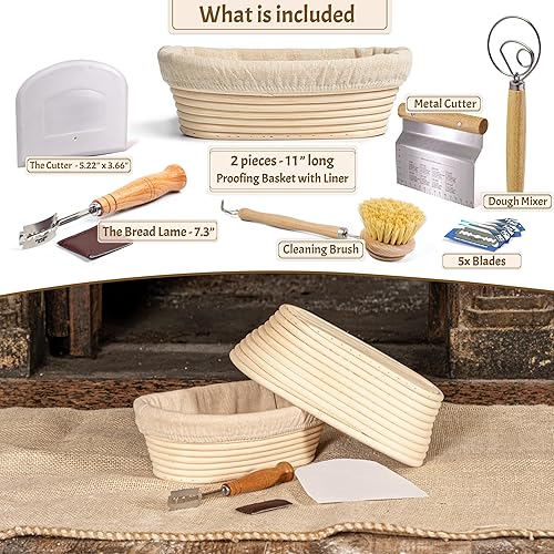 Miniatura 2 de Kit de iniciación de suministros para hornear pan de masa madre, cesta ovalada de 11 pulgadas, juego de 2, cesta de regalo