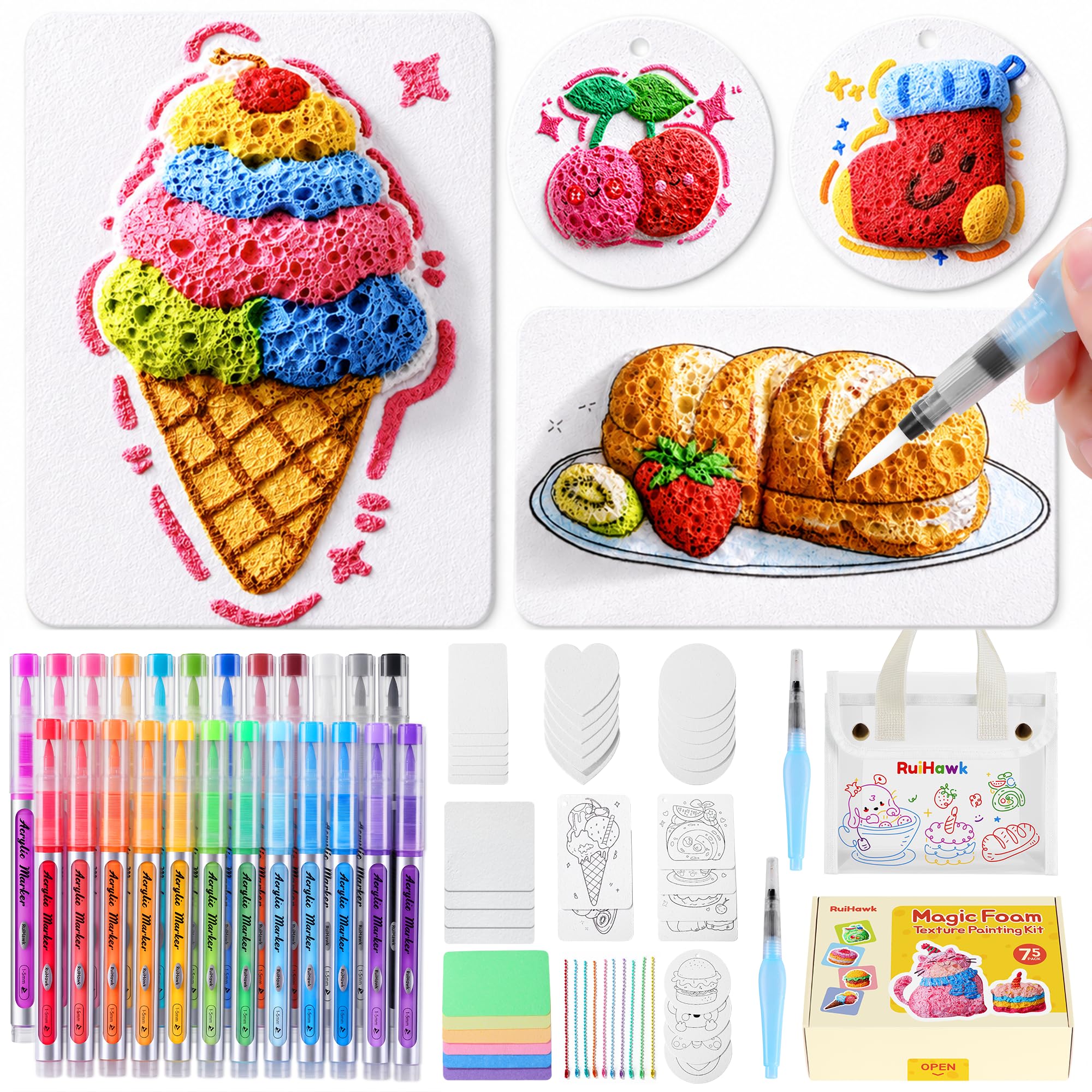 RuiHawk 75 Magic Puffy Paint Set, 3D Schaumtextur-Malset für Kinder mit 38 Blättern & 24 Acryl-Markern, Nicht Giftig & Wasserlöslich - Kreativset Geschenk ab 5 Jahren