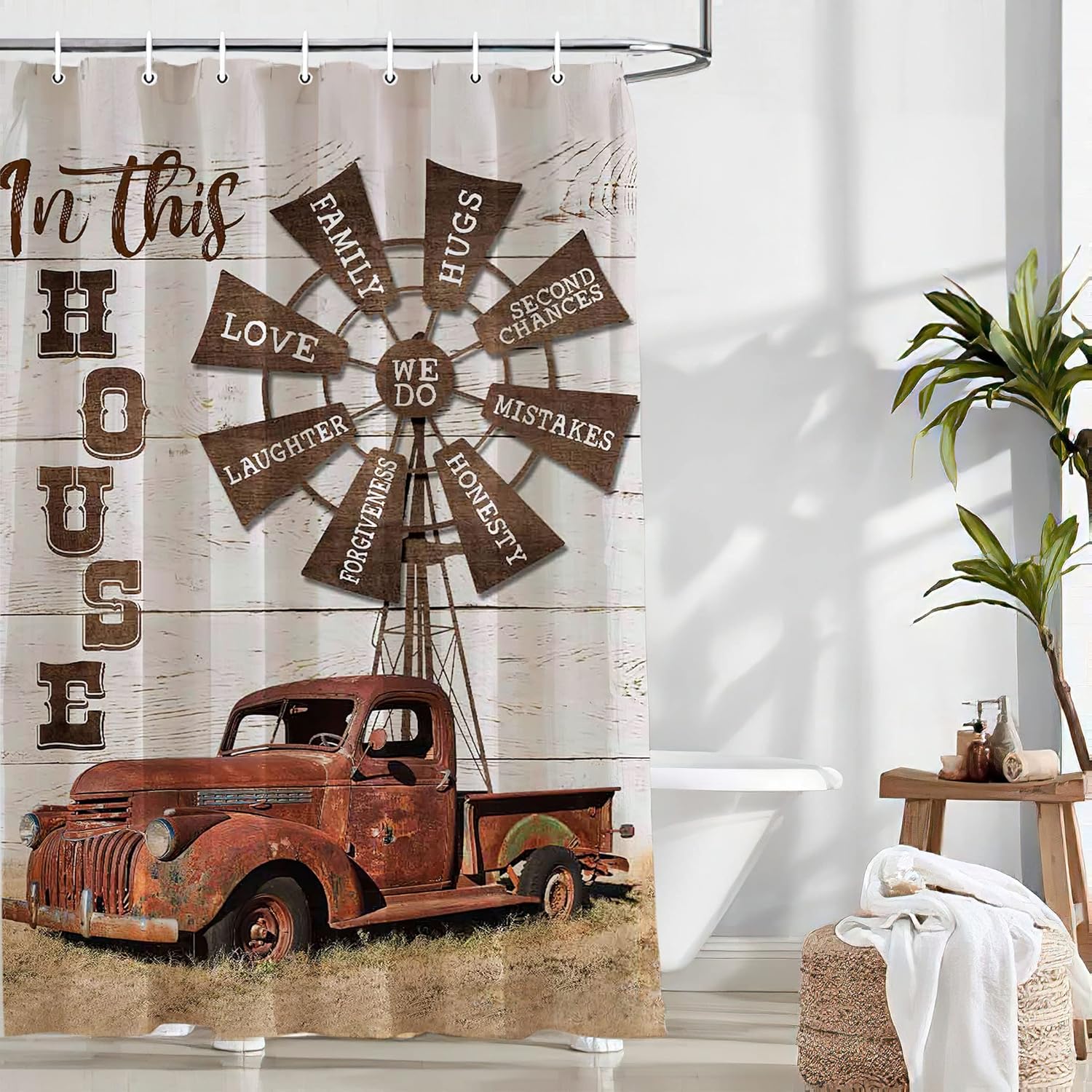 Farmhouse Truck Shower Curtain Rustic Country Windmill