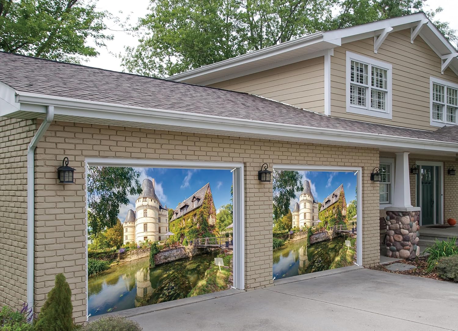 7x8ft Retro Buildings Garage Door Decor Spring Green Tree Lakes Garden Stone Sunny Sky Garage Door Cover for Family Portraits Photo Booth Props Spring Garage Door Decor
