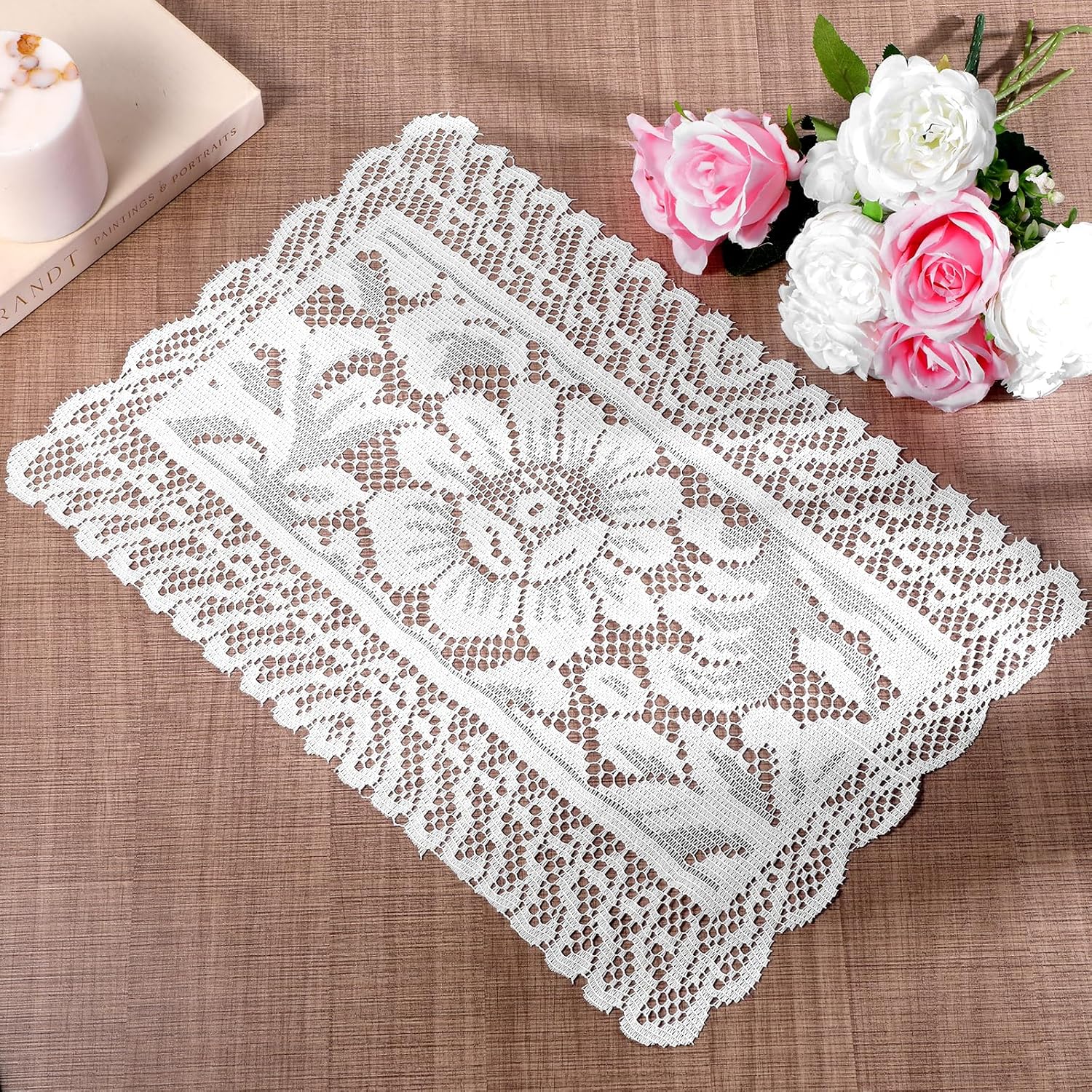 White Rectangle Lace Placemats for Tables, 2 PCS White Lace Placemats