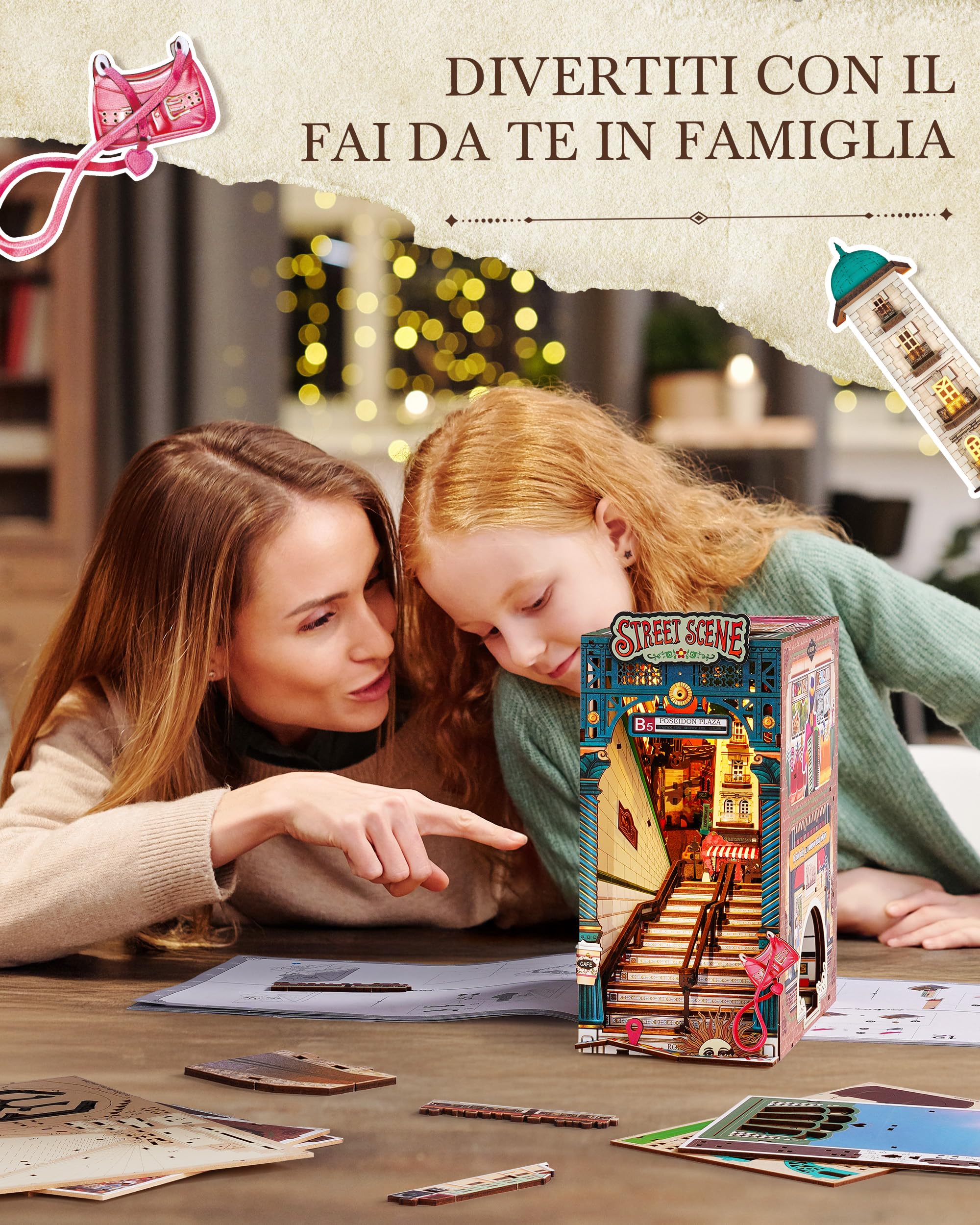 Rolife Book Nook Kit Miniature da Costruire DIY Booknook Street Scene 3d Puzzle Legno con Luci Decorazione Libreria Casa Modellismo da Costruire Adulti Diorama Modellismo