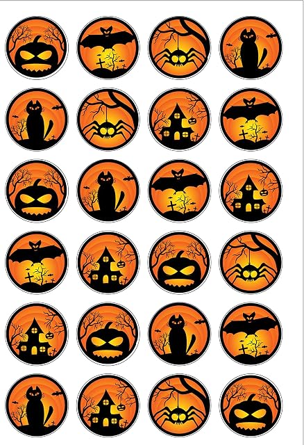 24 PRE Cut Black and Orange Halloween Themed Edible Wafer Paper Round Cake Toppers Decorations