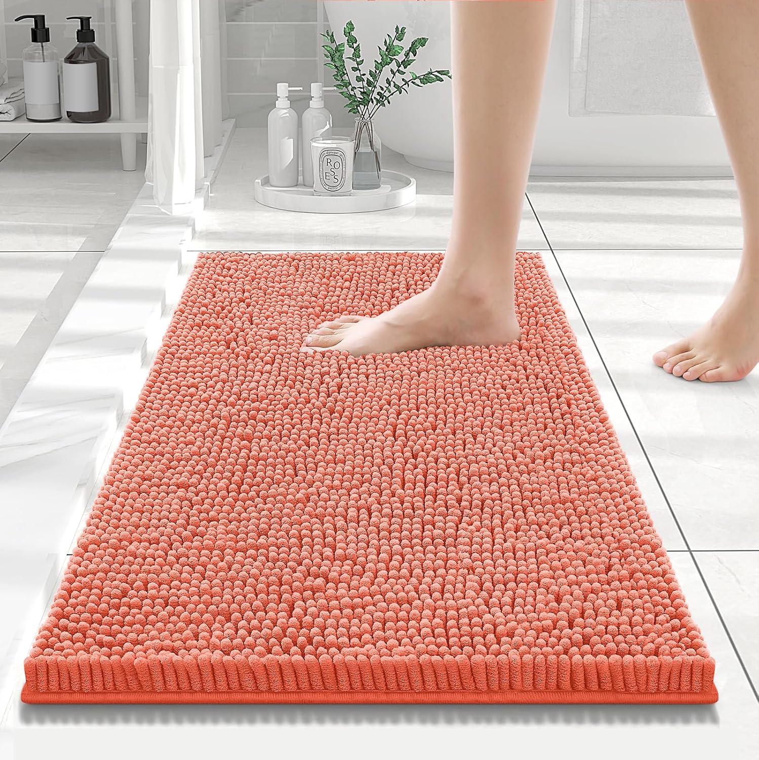 Smiry Luxury Chenille Bathroom Rugs 24x16, Extra Soft and Absorbent Shaggy Bath Mat, Machine Washable, Non-Slip Plush Carpet Runner for Tub, Shower, and Floor, Home Decor Accessories, Coral