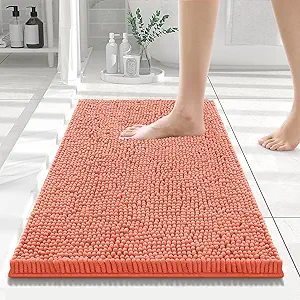 Smiry Luxury Chenille Bathroom Rugs 24x16, Extra Soft and Absorbent Shaggy Bath Mat, Machine Washable, Non-Slip Plush Carpet Runner for Tub, Shower, and Floor, Home Decor Accessories, Coral