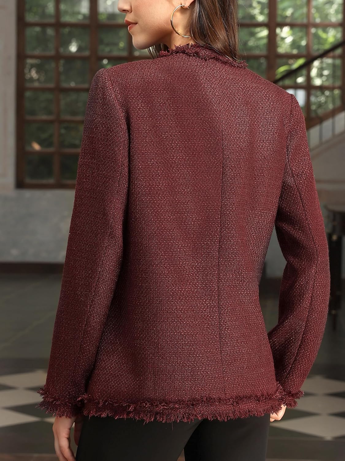 M.Infisavo Women’s Tweed Blazer Jackets with Pockets, Long Sleeve Open Front Crewneck Collarless Elegant Casual Cardigan - Image 3