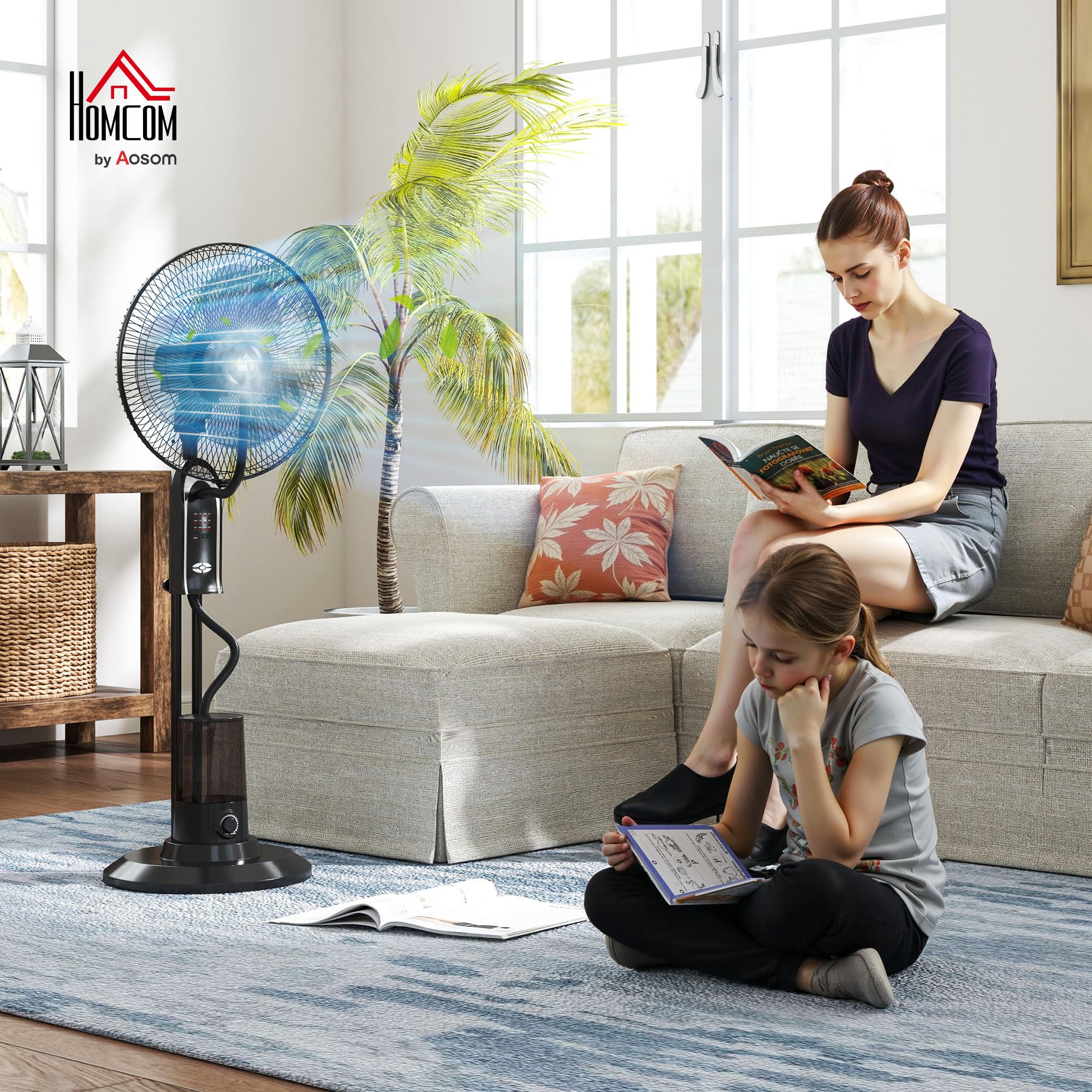 HOMCOM Ventilatore Nebulizzatore 75W con Serbatoio 3.2L, 3 Modalità, 3 Velocità, Ventilatore a Piantana con Oscillazione 75°, Inclinazione 10°, Telecomando, Timer 7.5h, Diametro 44.5cm