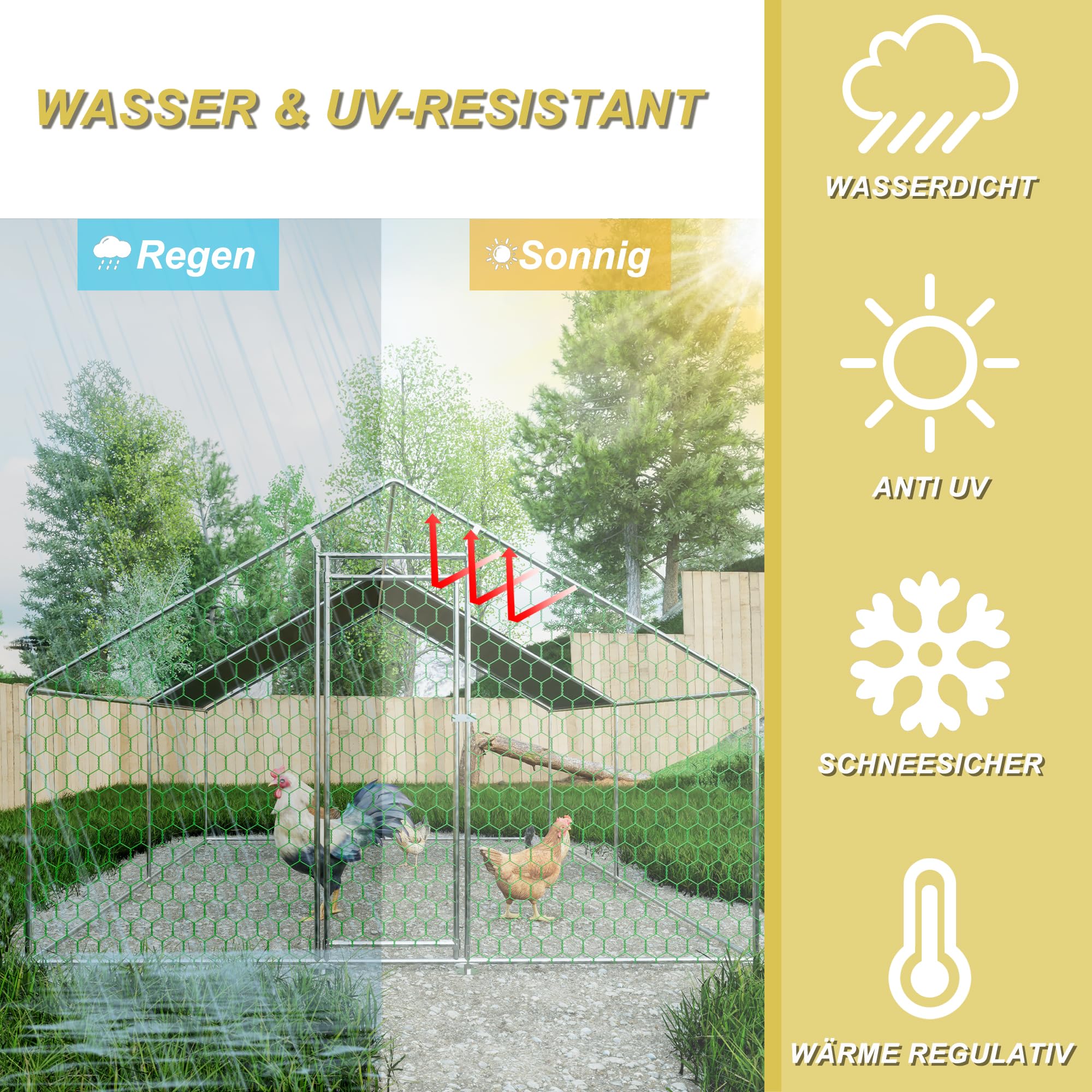 Redkid 12m² Metall Freilaufgehege Hühnerstall 3x4x2m - Mit Wasserdichtetem PE-Tuch und Sicherheitsschloss - hühnergehege freilauf groß für Hühner, Kaninchen und Verschiedene Kleintiere (3×4×2m)