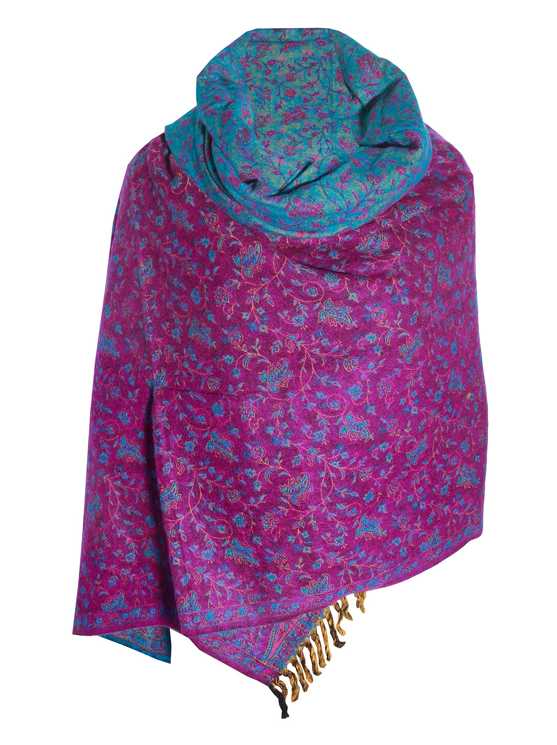 TIBET Handgefertigter luxuriöser Schal mit floralem Muster, übergroß, wendbar, aus reiner Yakwolle, Violett / Blau, violett, blau, One size