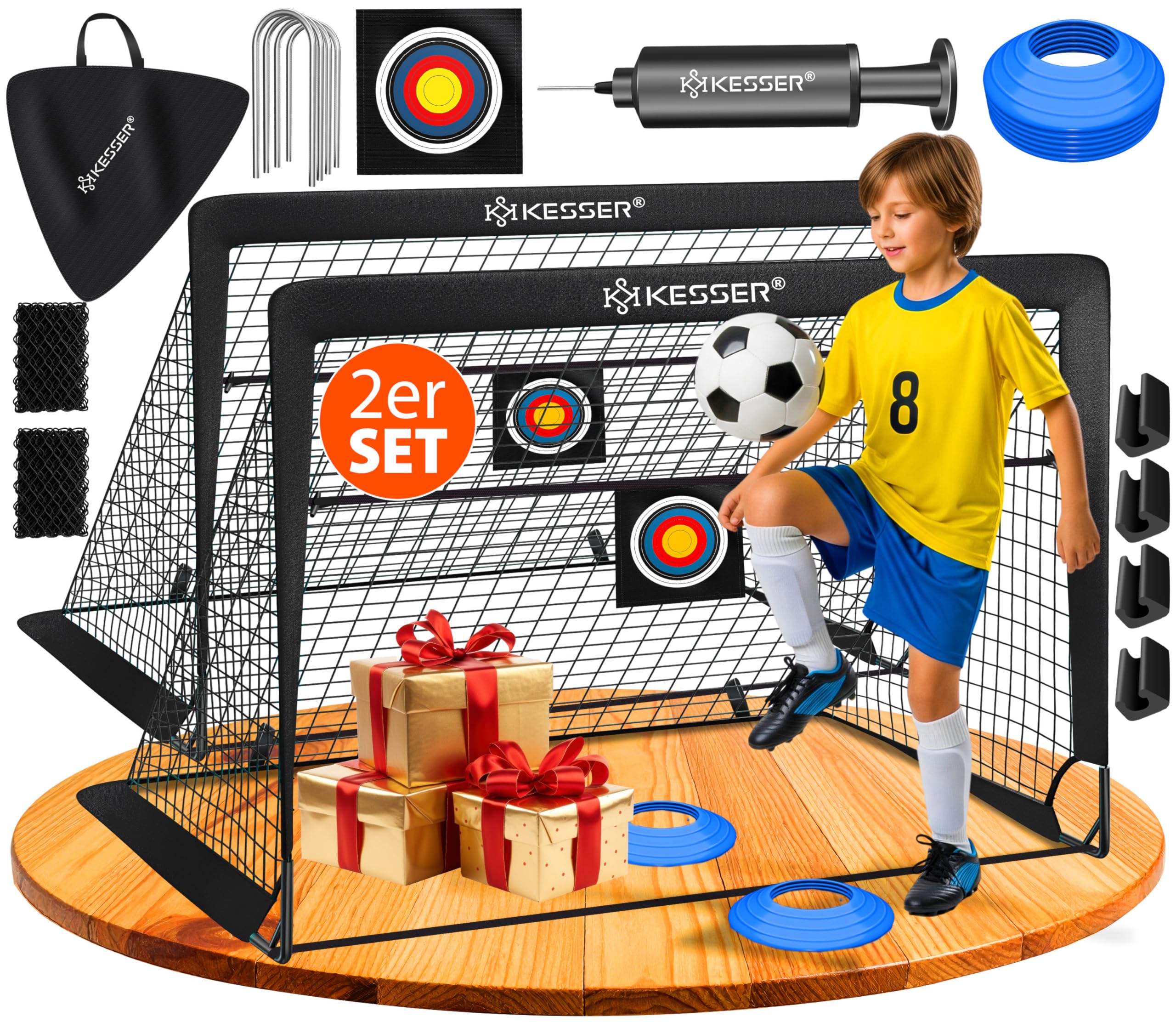 KESSER® Fussballtor 2er Set | Tolles Fußball Geschenk für Kinder, Indoor und Outdoor Garten : Antirutsch - Inkl. Fussball Trainingszubehör: Hütchen, Zielscheibe, Sporttasche, Ballpumpe