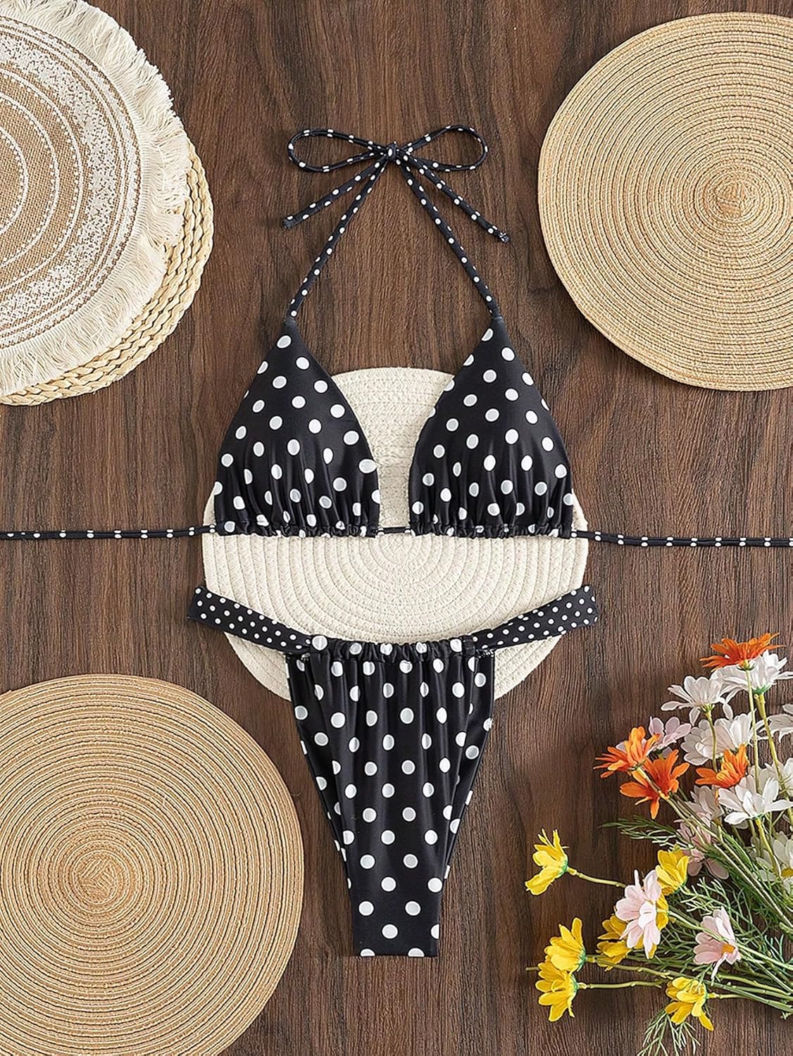 WDIRARA Women's Polka Dots Halter Bikini Set Triangle Thong Swimsuit 2 Piece Bathing Suit - Image 4