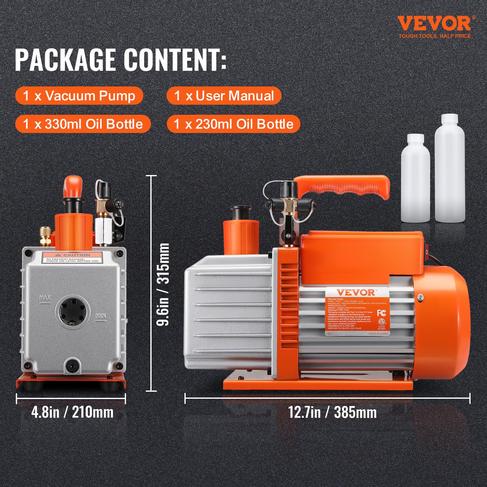VEVOR 2-stufige Drehschieber-Vakuumpumpe, 1/2 HP, 5 CFM, entwickelt für HVAC-Service, Kältekonservierung & Harzentgasung, mit 1/4 Zoll SAE-, 3/8 Zoll SAE- & 1/2 Zoll ACME-Messereinlässen