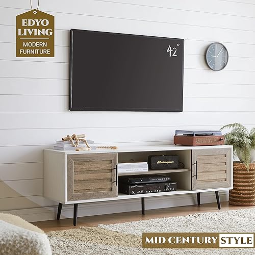 Vista 11 de EDYO LIVING Soporte de TV moderno de mediados de siglo de 65 pulgadas, soporte de TV de madera con armario de almacenamiento y estante abierto