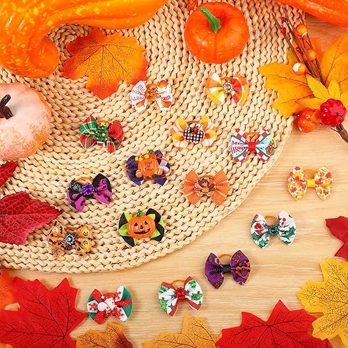 Miniatura 7 de Yerliker 60 lazos para el pelo de perro de Acción de Gracias de Halloween con bandas de goma fuertes, lazos de Navidad para perros con perlas