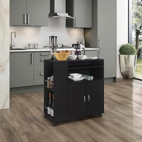 Miniatura 2 de Kings Brand Furniture - Carrito rodante con ruedas para isla de cocina con armario de almacenamiento, color negro