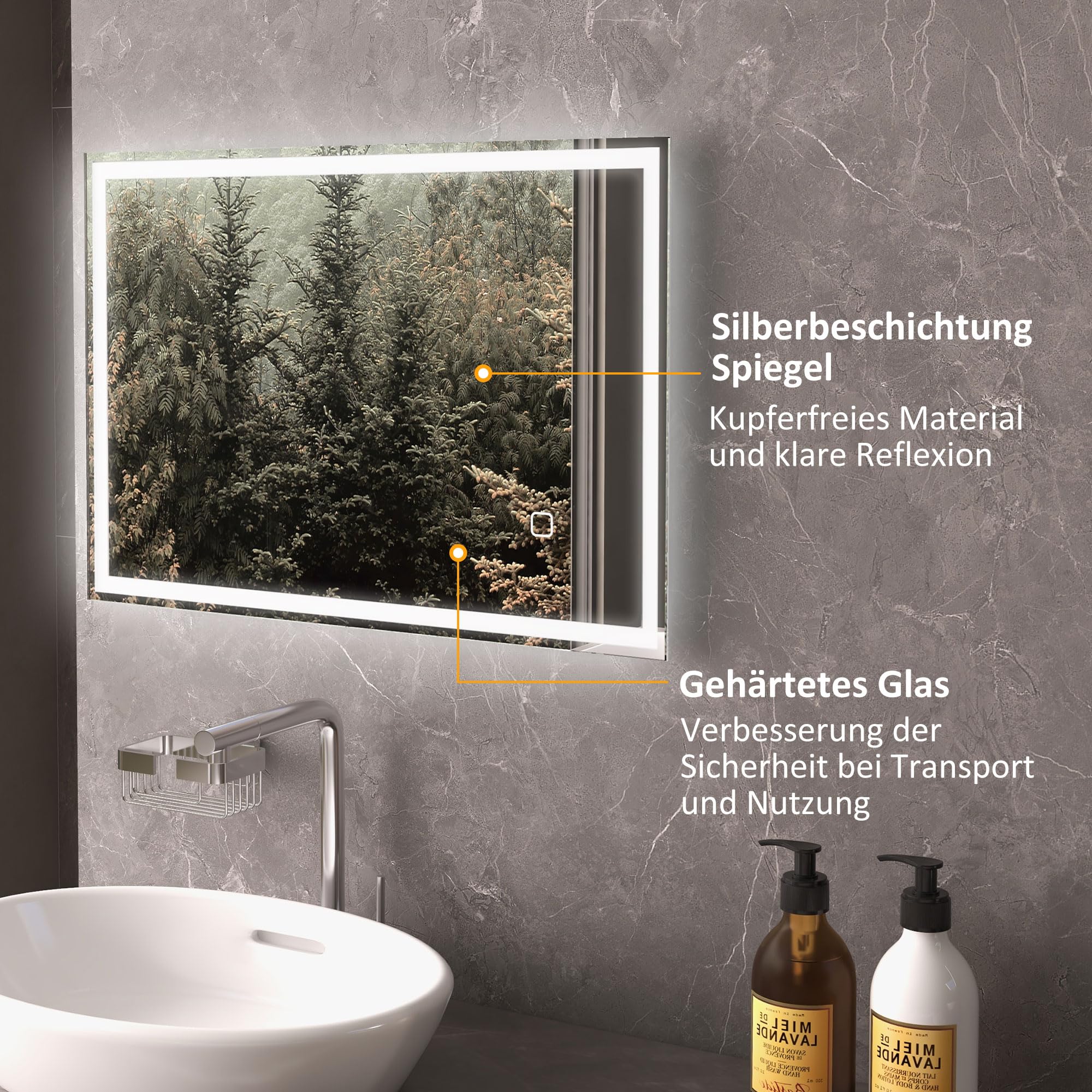 HOMCOM Specchio da bagno con illuminazione, 70 x 50 cm, con funzione di memoria, specchio da parete con interruttore touch, specchio luminoso senza appannamento con 3 colori di luce bianco