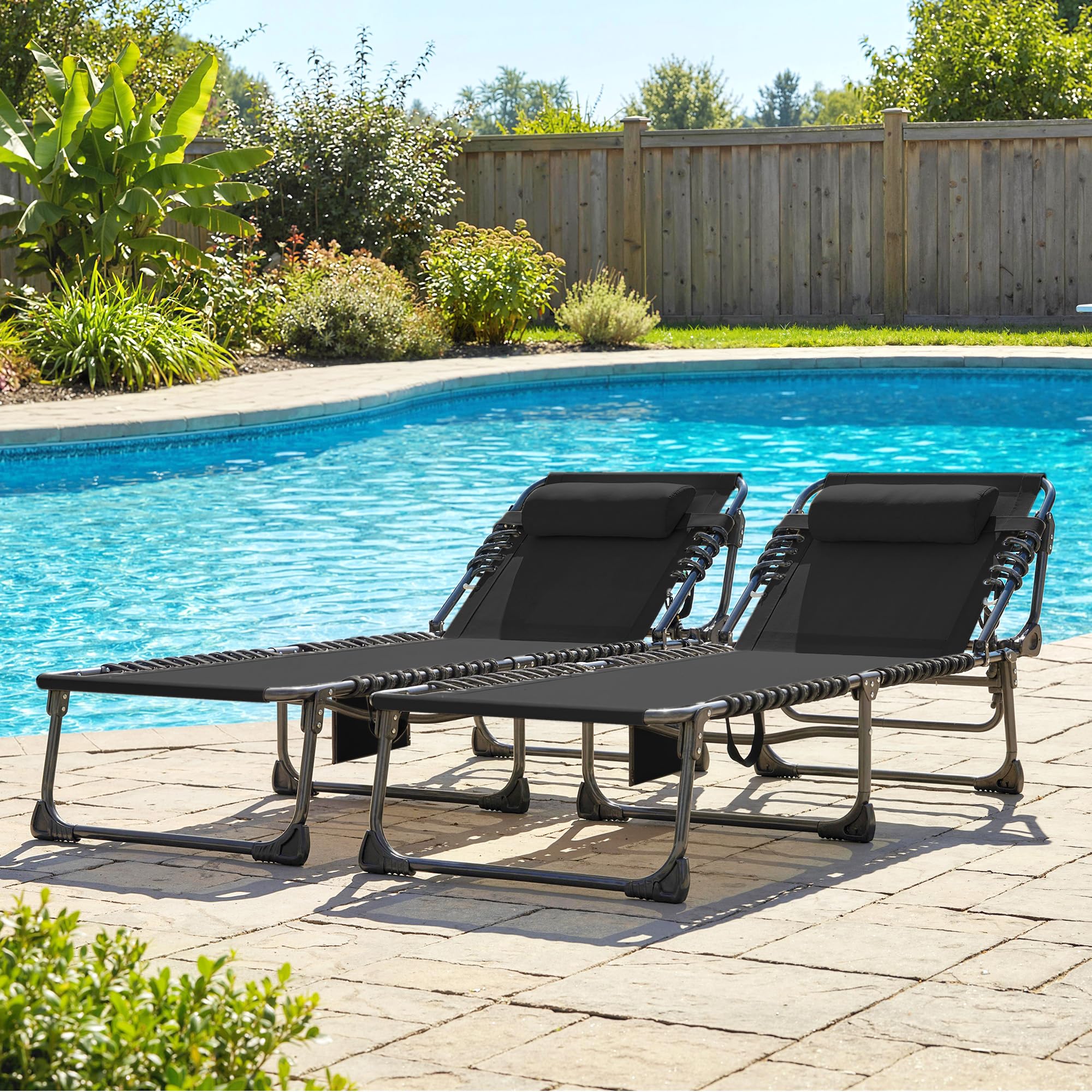 Outsunny Lettini Prendisole da Giardino Pieghevoli 57x200x38cm Nero | Set di 2, Reclinabili 5 Livelli con Poggiatesta, Sdraio da Giardino in Texteline, Tasca Laterale, Maniglia