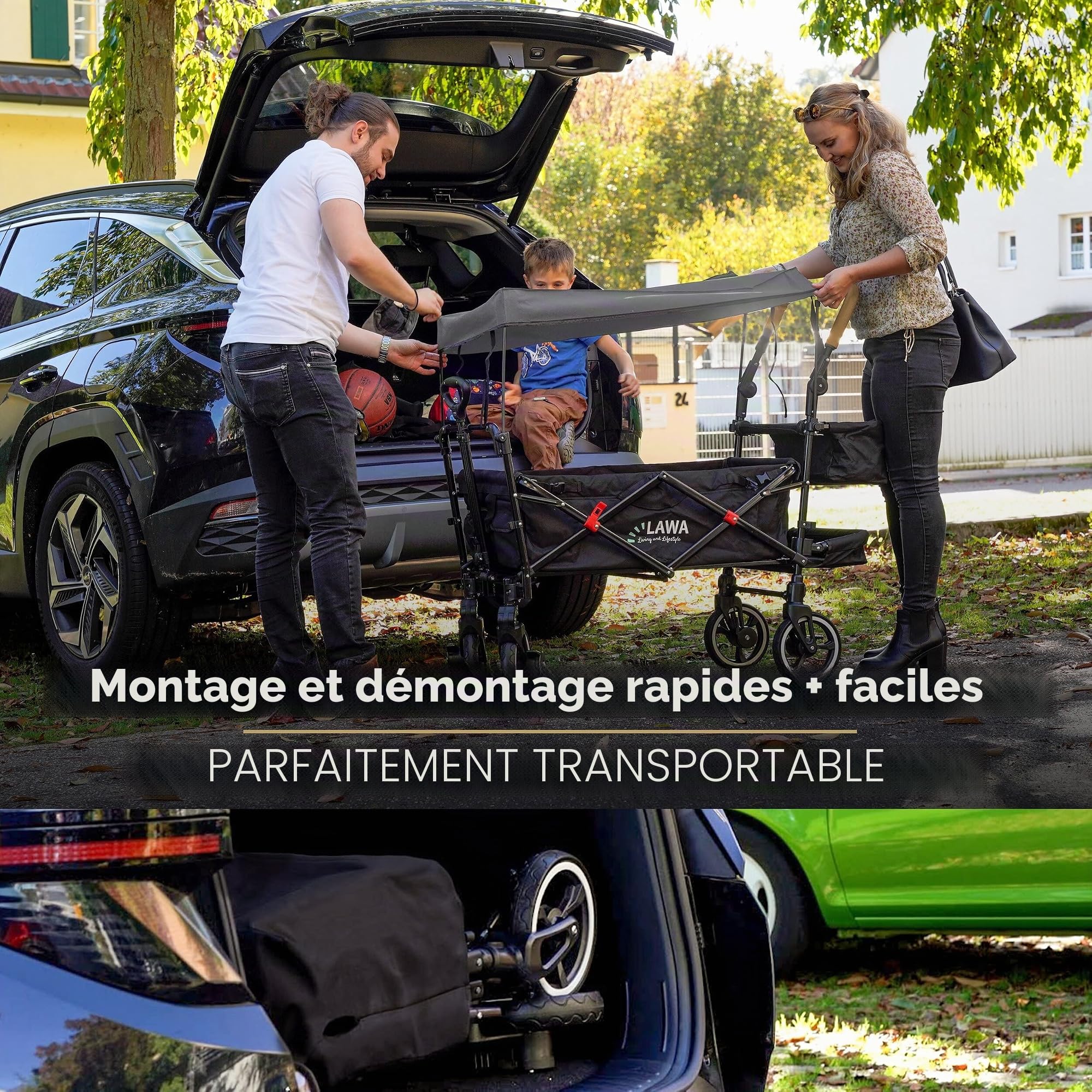 Chariot de Transport Pliable pour Enfants avec Toit, Protection Pluie & Insectes, Freins Avant/arrière, Suspension, Charge 80 kg, Noir/Bleu