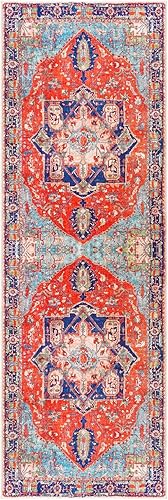Miniatura 8 de ErwAad Alfombra de pasillo de 2 x 6 pies, color rojo y azul, diseño desgastado de medallón bohemio, no desprende pelo y es suave, lavable, ideal