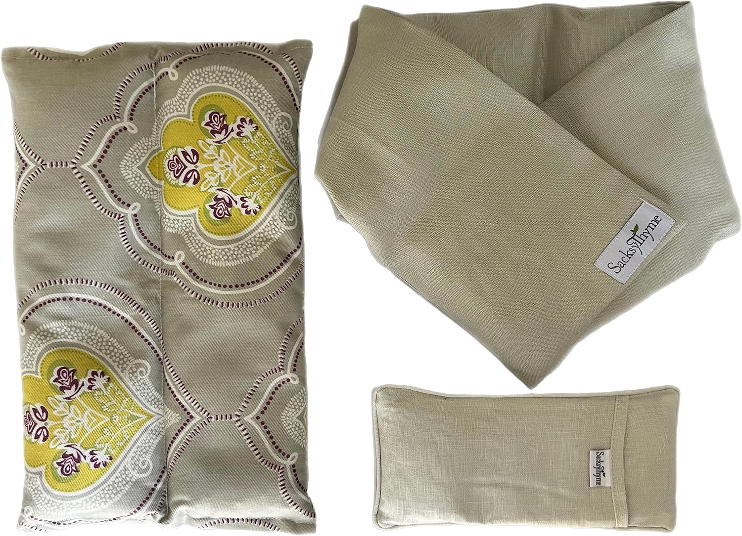 Sacksy Thyme 3 Piece Lavender Heating Pad, Linen Neck Wrap & Eye Pillow - Luxury Birthday Gift Set for Women - Unique Women's Gift Basket - Card for Personalized Message