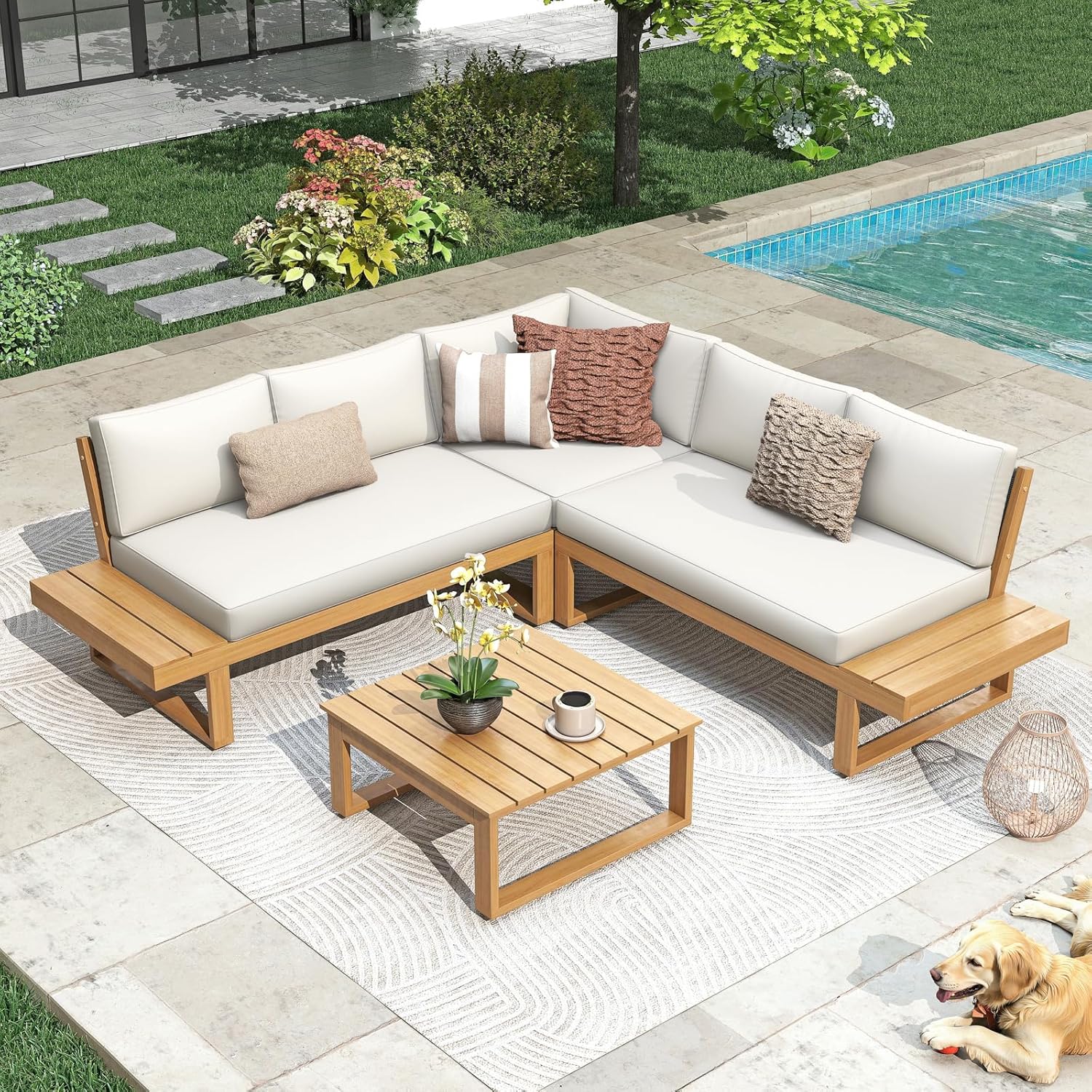 SUNSITT 4 Piece Acacia Wood Patio Furniture with Waterproof Cover, L-Shaped Outdoor Sectional Sofa Set with Coffee Table, FSC Certified Conversation Set with Built-in Side Table & Cream White Cushions