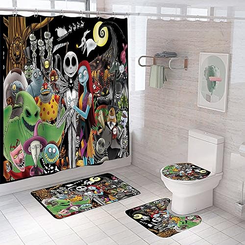 DDS-DUDES Juego de 4 cortinas de ducha de Navidad para niños, decoración de Halloween con 12 ganchos de cortina para baño, impermeable, 71 x 71
