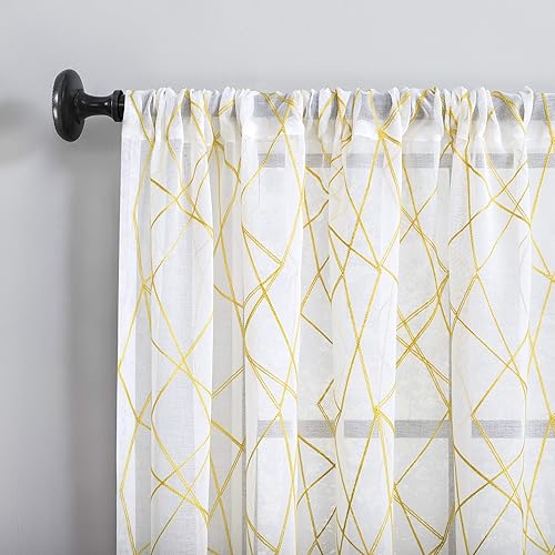 Vista 15 de No. 918 Fraction - Juego de 2 paneles de cortina de bolsillo para barra de mediados de siglo, moderno con bordado geométrico semitransparente Negro