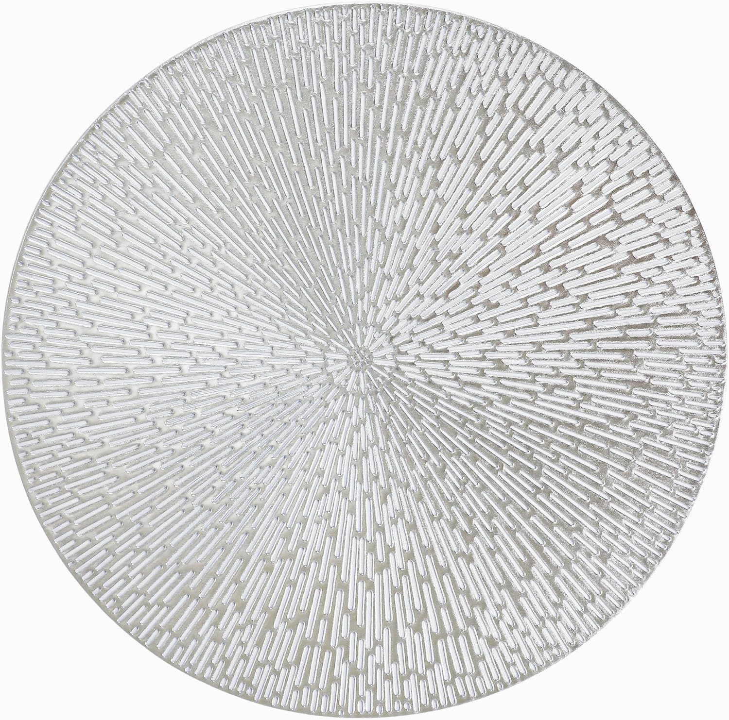 Snowkingdom Silver Round Placemats Set of 6, 15 Inch Metallic Pressed Vinyl Place Mats, Easy Clean Non Slip Heat Resistant Washable PVC Hollow Out Table Mats for Dinner Party Table Decoration