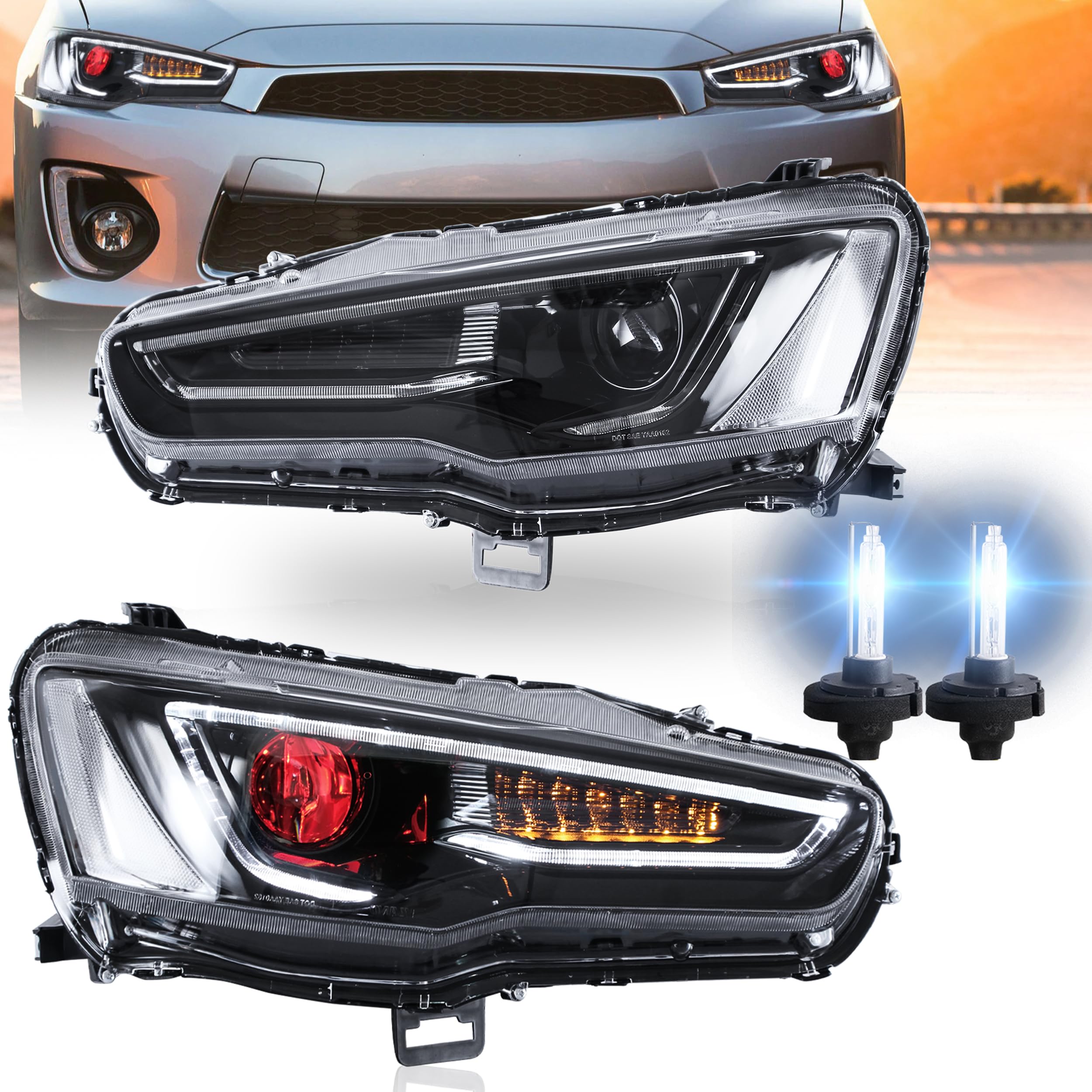 VLAND Headlights Assembly with D2H Bulbs Fit for Mitsubishi Lancer& EVO X 2008-2020 W/DRL, LED Front light with Sequential Turn Signal, Plug-n-Play Headlamp with Demon Eyes, Black Housing