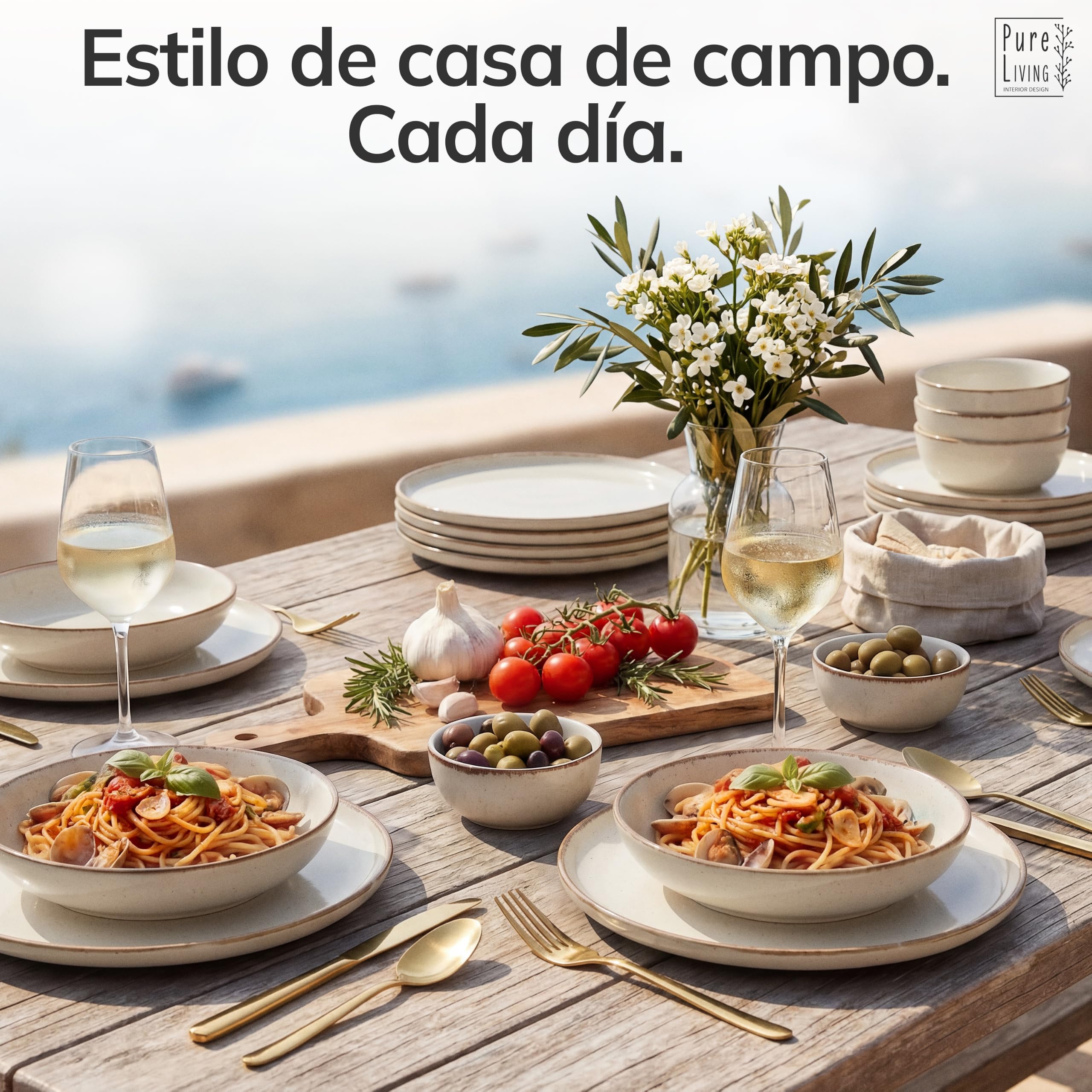 Vajillas para 6 Personas, Set de Steingut Rustic de 24 Piezas - Diseño Rústico y Moderno, Apto para Lavavajillas - Juego de Platos y Cuencos - Vajilla Pure Living en Color beige