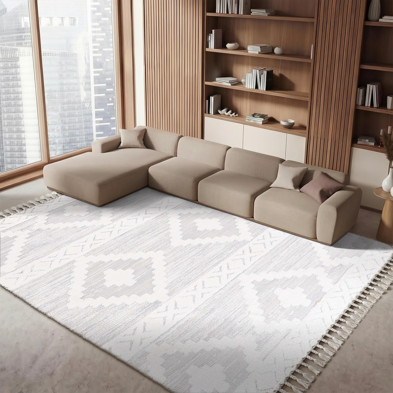 SAFAVIEH Area Rug 8x10 - Moroccan Tassel Shag Collection - Large - Ivory & Beige, Boho Design, Non-Shedding & Easy Cleaning, Plush Pile, Ideal for Living Room, Bedroom, Dining Space (MTS640A)