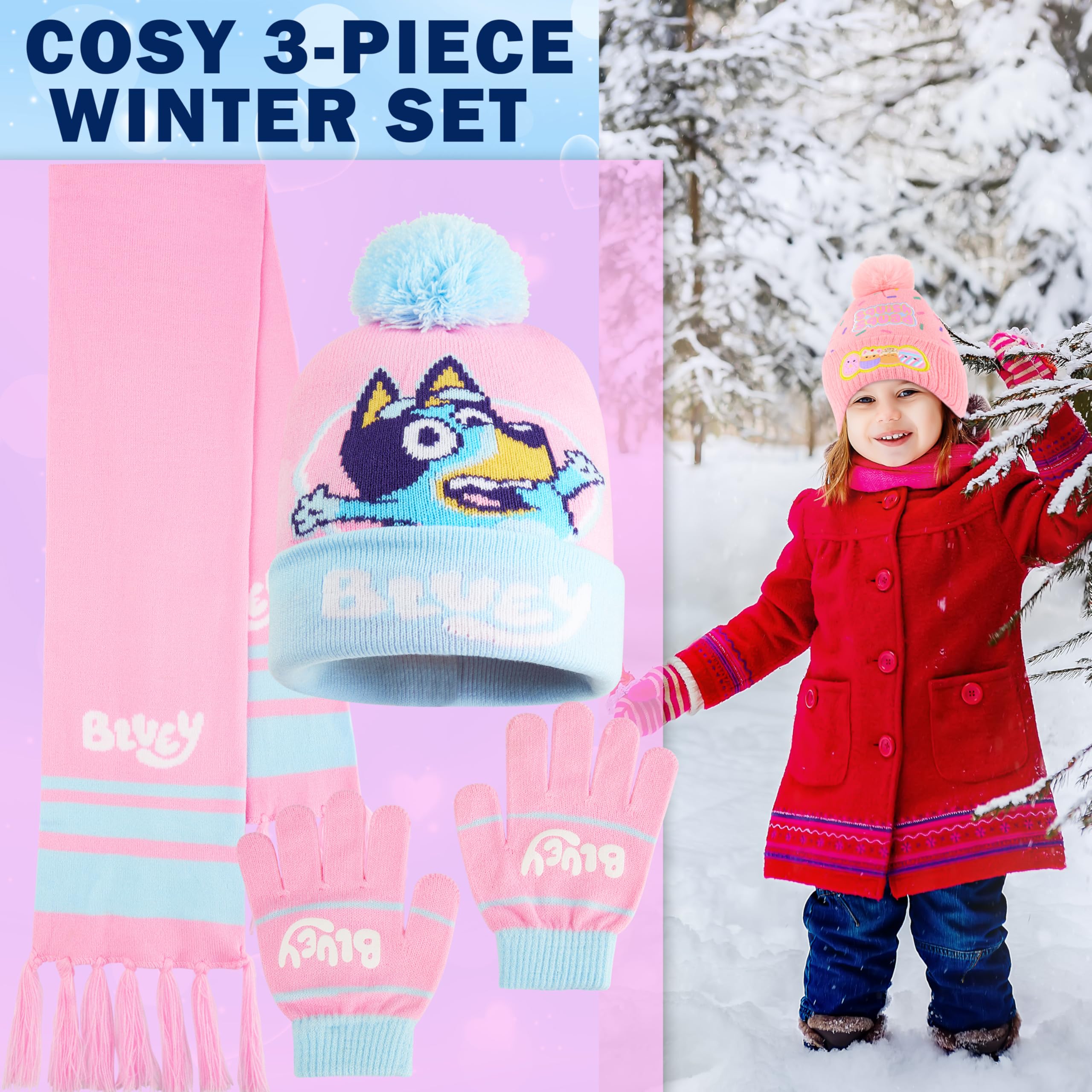 BlueY Winterset für Mädchen 3–6 Jahre, 2er- oder 3er-Set Weiche, Handschuhe und Schal, Hellblau Marineblau, Geschenkidee Kinder