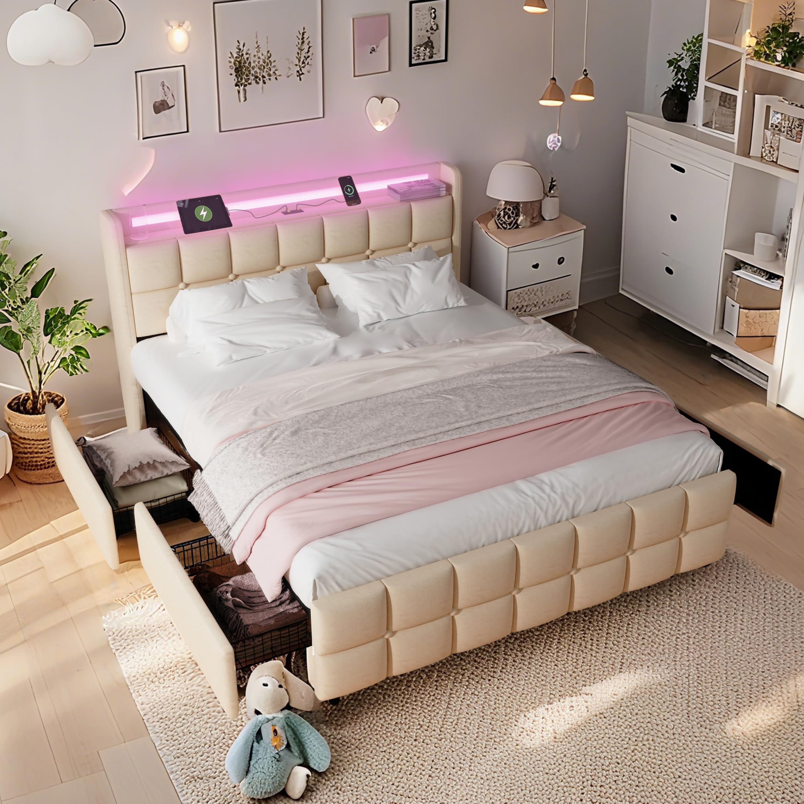 VERKNVG Modern LED Storage Bed with Charging Station All-Metal Platform Bed Frame Featuring 2-Tier Headboard, 4 Storage Drawers, and Easy Assembly(201