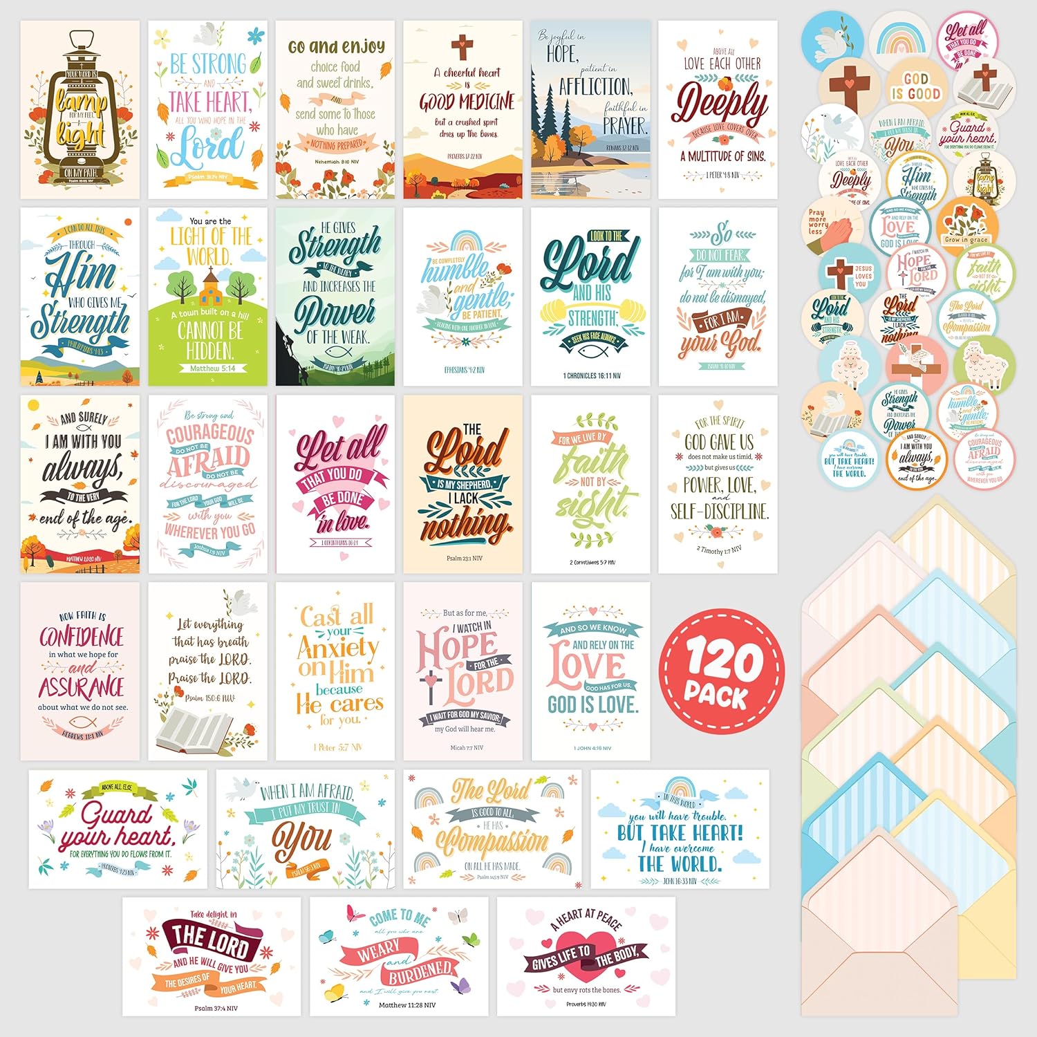 Decorably 120 Pack 4x6in Christian Encouragement Cards Bulk with Envelopes and Stickers, 30 Folded Inspirational Designs with Scriptures for Loved Ones with Printed Message Inside, Gifting, Mailing