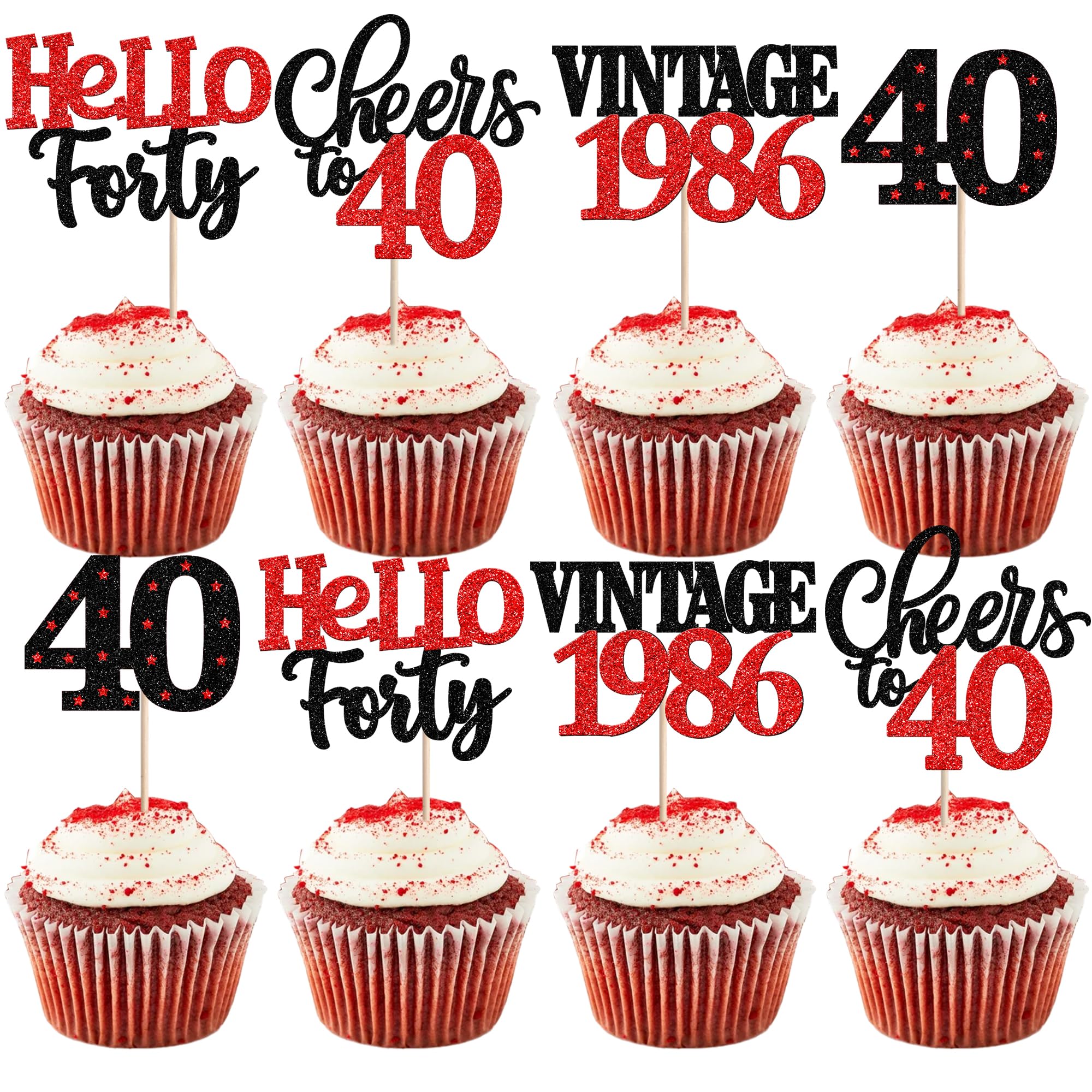 Xsstarmi 24 Pack 40th Birthday Cupcake Toppers Red Glitter 40 Hello Forty Vintage 1986 Cupcake Picks Cheers to 40 Birthday Cake Decorations for 40 Fabulous Happy 40th Birrthday Party Supplies