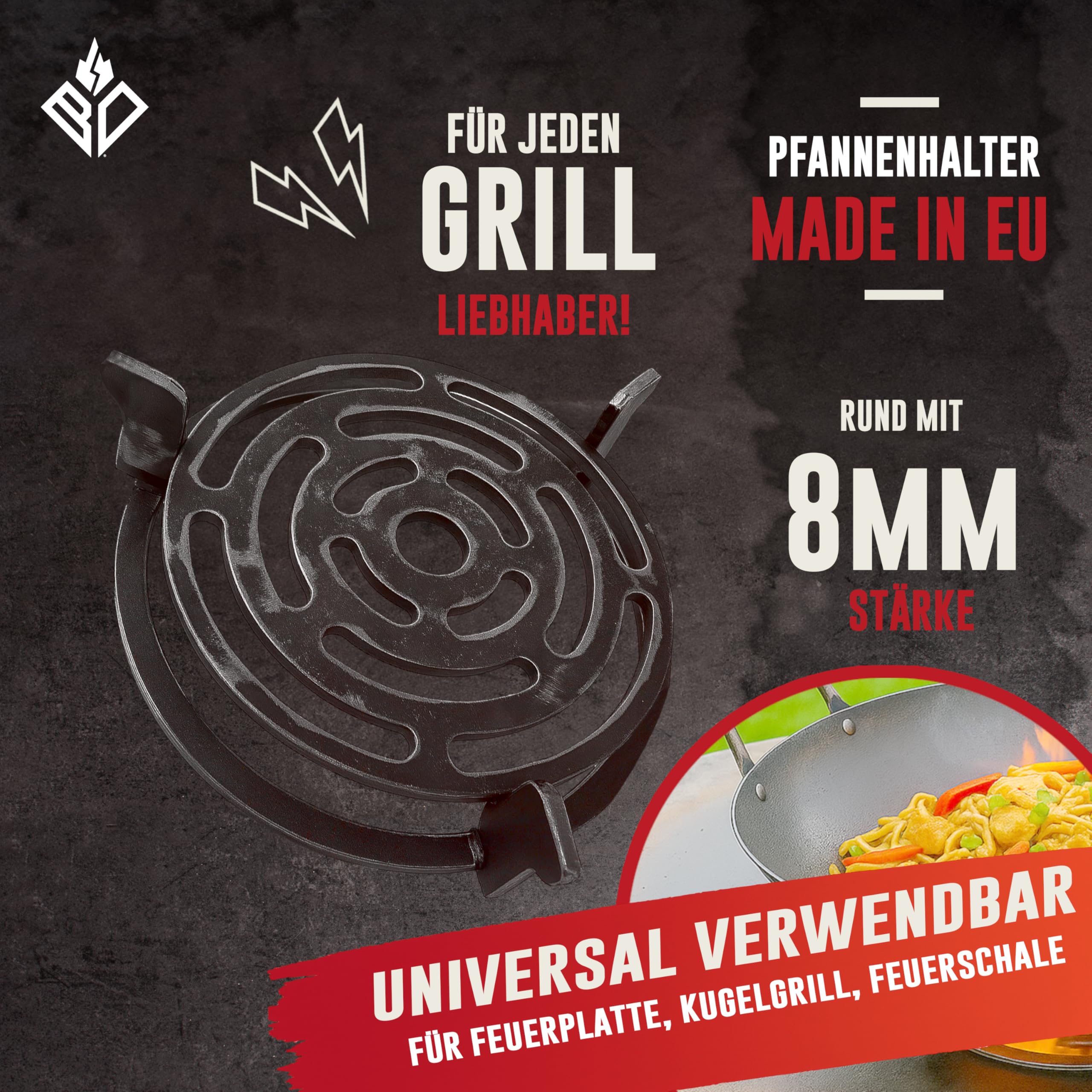 Wok- & Pfannenhalter (Aufsatz) für Feuerplatte ⌀ 20cm (MADE IN EUROPE) - Grillaufsatz & Grillrost für Feuertonne & Kugelgrill (rund) legierter Stahl mit abnehmbaren Rost (Zubehör)