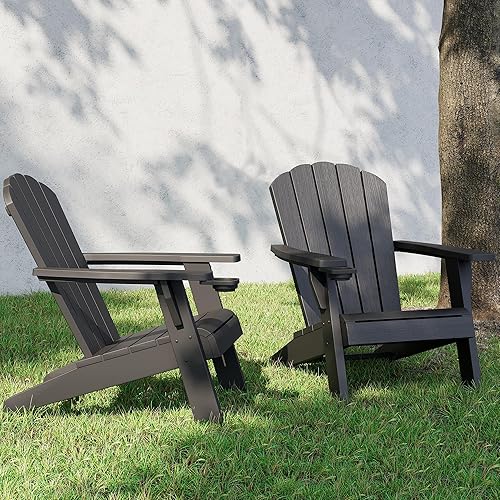 Outdoor Adirondack Chairs Set of 2,Black Wooden Textured Fire Pit Chairs,Plastic Patio Chairs,Modern Heavy All-Weather Adirondack Lawn Chairs,Backyard Patio Lawn Poolside Fire Pit