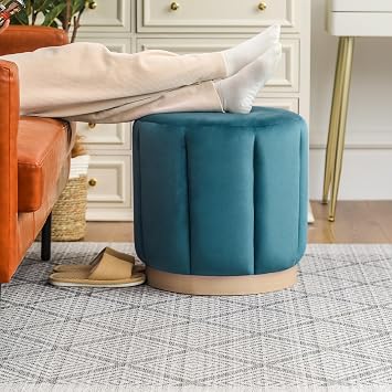 Homebeez Teal Velvet Channel Tufted Living Room Bedroom Vanity Foot Stool Round Base Ottoman Fully Assembled