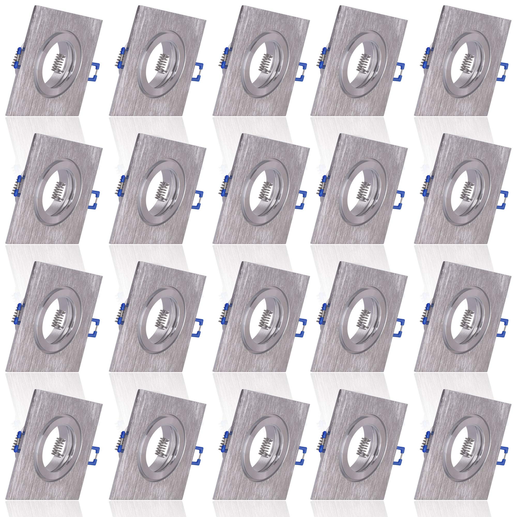 20x Einbaustrahler Bad IP44 mit GU10 Fassung ECKIG alu gebürstet Einbauspot Einbauleuchte Rahmen Rostfrei Deckenspot Strahler Spot 5102