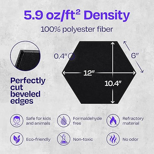 Miniatura 6 de Ekkogo - Paneles insonorizantes de alta densidad para pared, forma hexagonal, paquete de 12 unidades de 12" x 10.4" x 0.4", color negro intenso