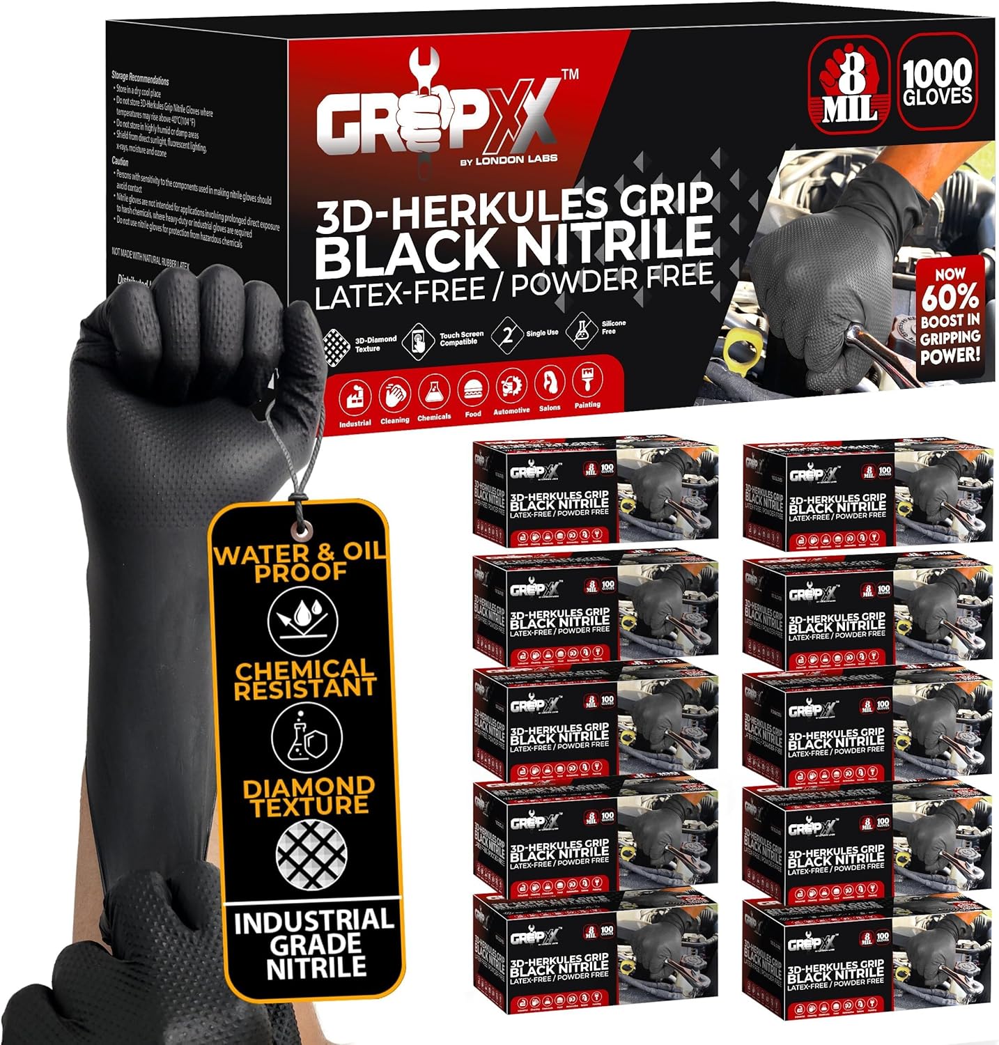 Herkules Grip Heavy Duty 8Mil Black Nitrile Gloves,3D Raised Diamond Texture-Latex & Powder-Free Industrial, Mechanic