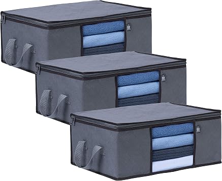 VENO 3 Pack Medium Clothes Storage Bag Organizer with Reinforced Handle, Thick Container Bins for Blankets, Comforters, Bedding, Foldable with Sturdy Zipper, Clear Window, Grey, Reusable 9.5 Gallon