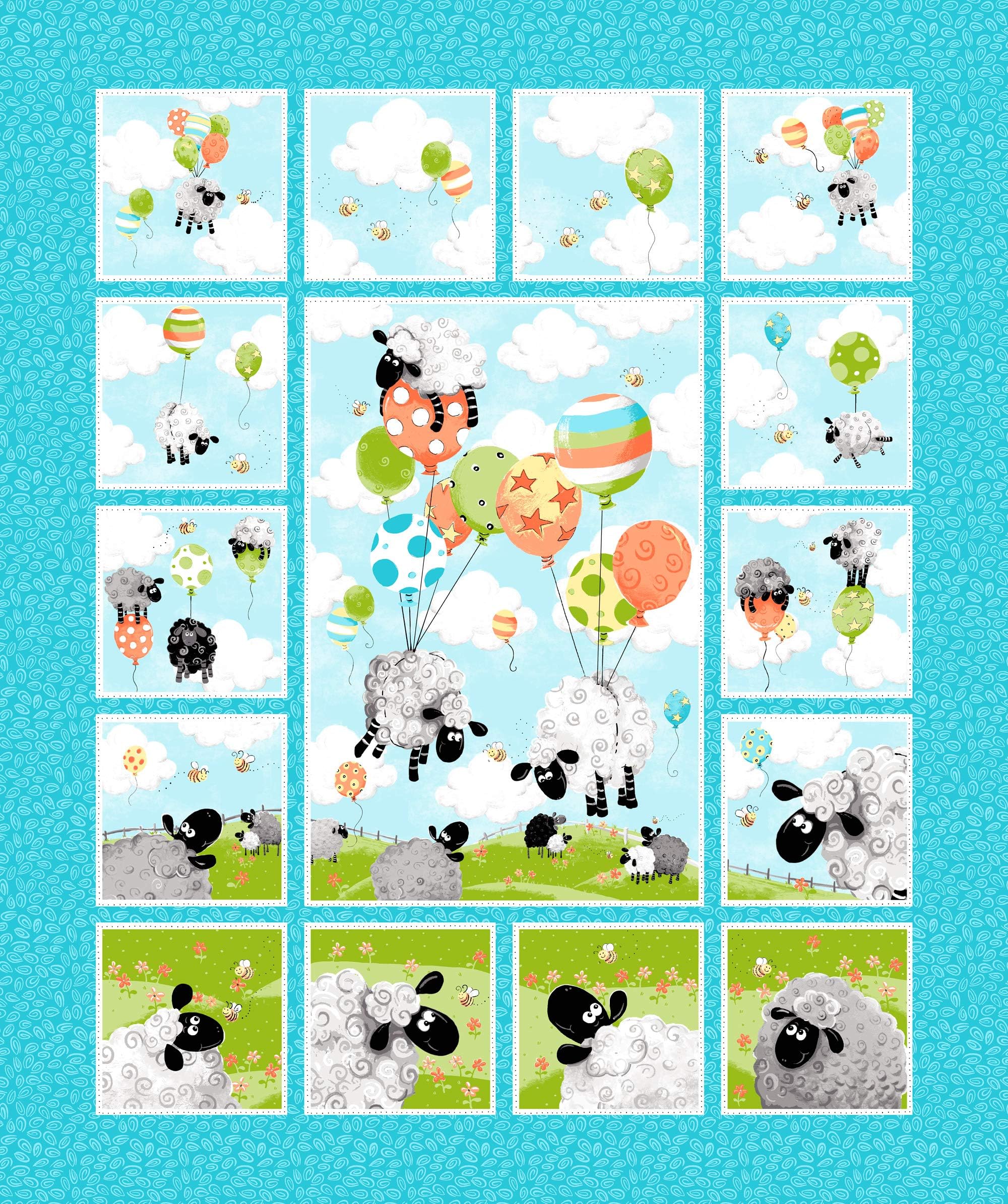 Susybee Lewe's Balloons 36'' Panel Fabric, Turquoise/Multi
