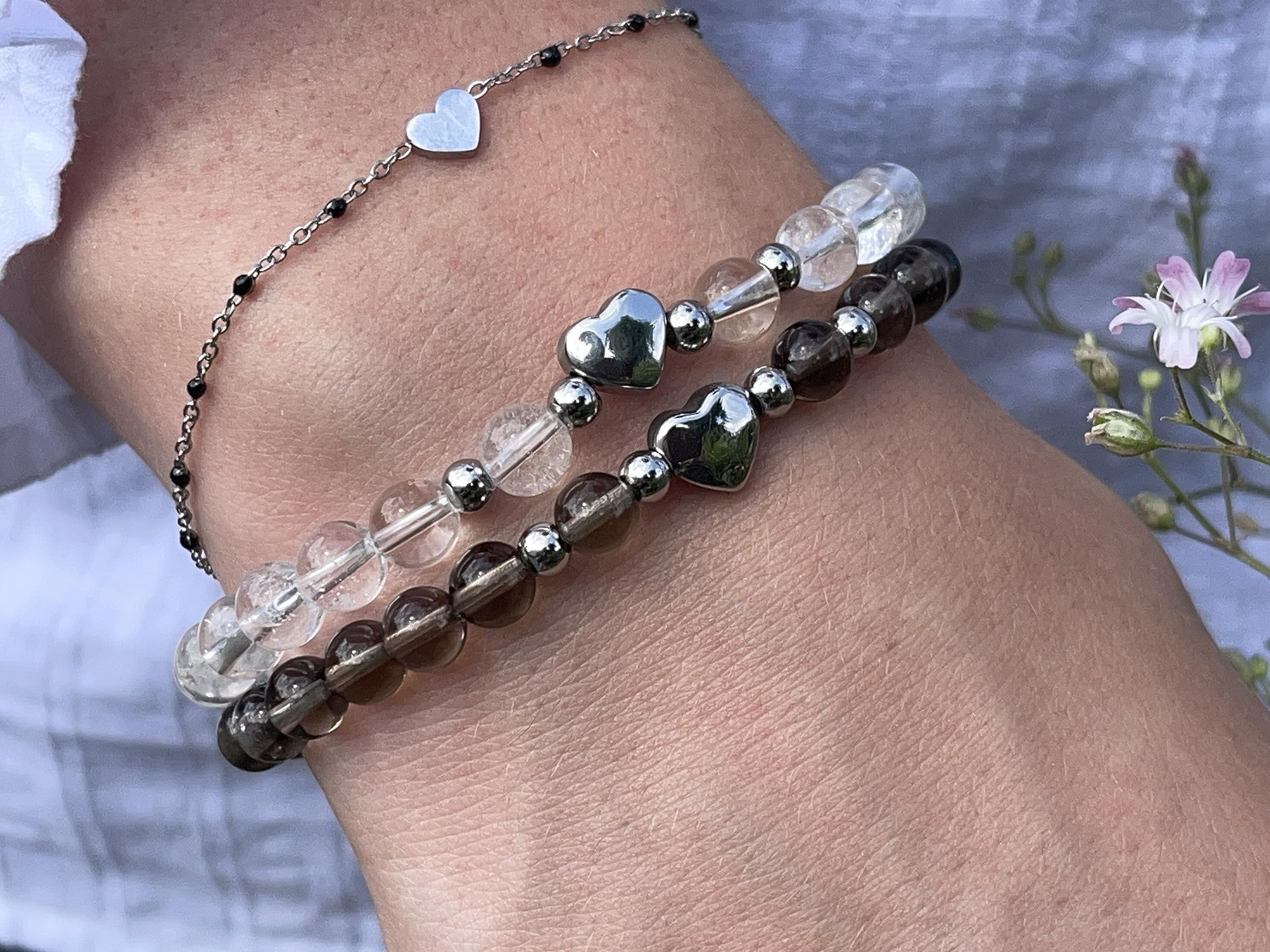 Rauchquarz Armband Perlen echt 6mm Herz Edelstahl Silber Gold Roségold oder Ionisiert - Handmade Perlenarmband Kraft Lebensfreude positive Gedanken - Spiritueller Schmuck Damen Mädchen