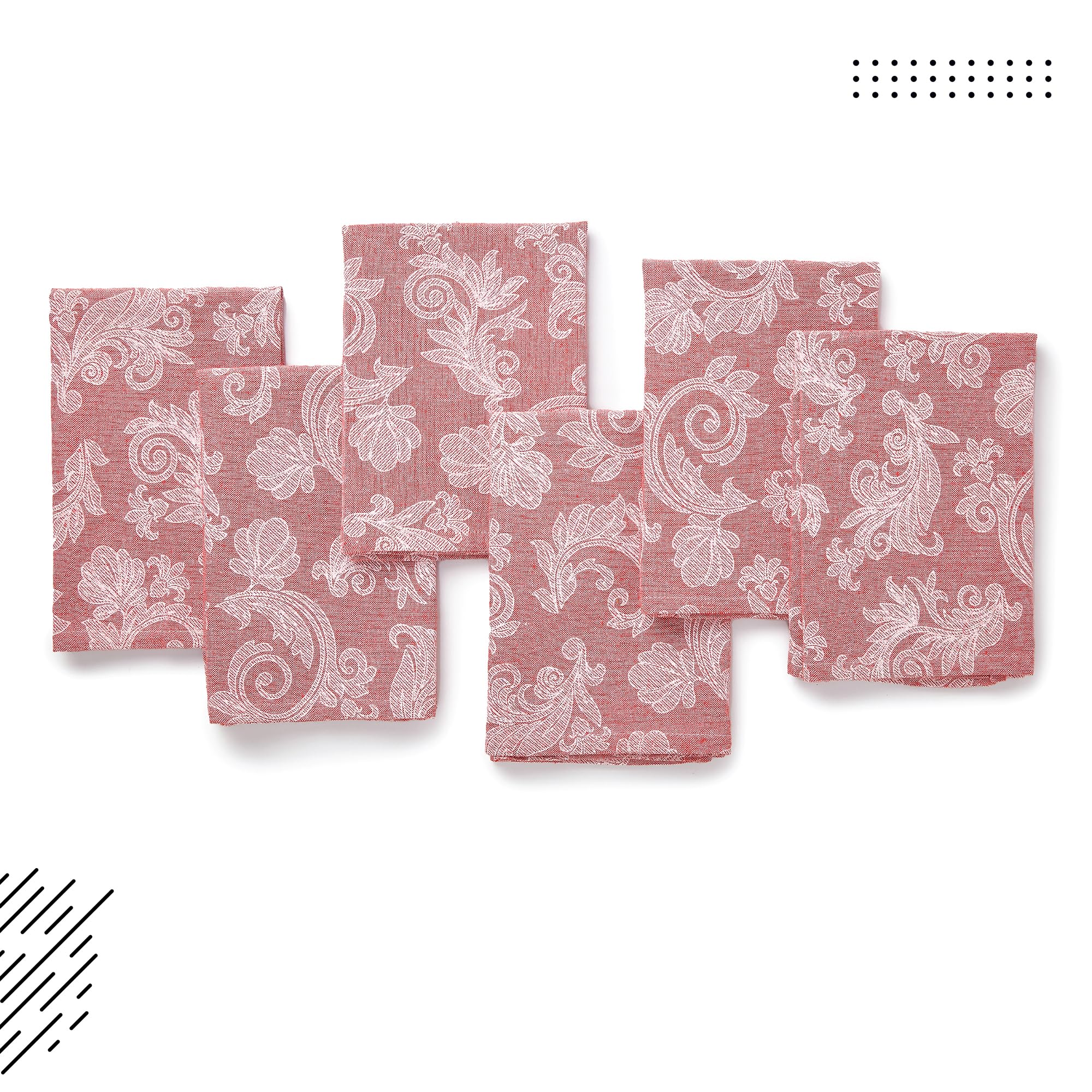 Encasa XO Dining Table Napkins Set of 6 I Size 18x18 in I Floral Red Jacquard Style Print on Homespun Cotton I Fast Colours, Machine Washable