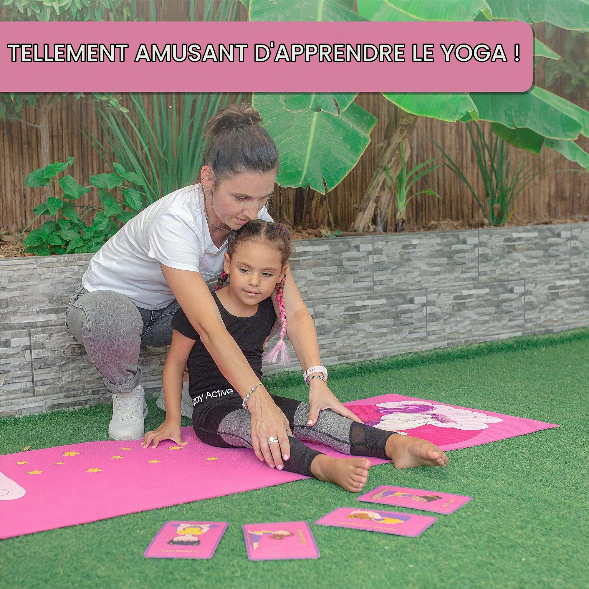 Set Tapis Yoga Enfant - Tapis de Yoga pour Filles et Garçons - sans Produits Chimiques - Non Toxique – Antidérapant - avec 12 Cartes de Yoga et Un Sac Portable