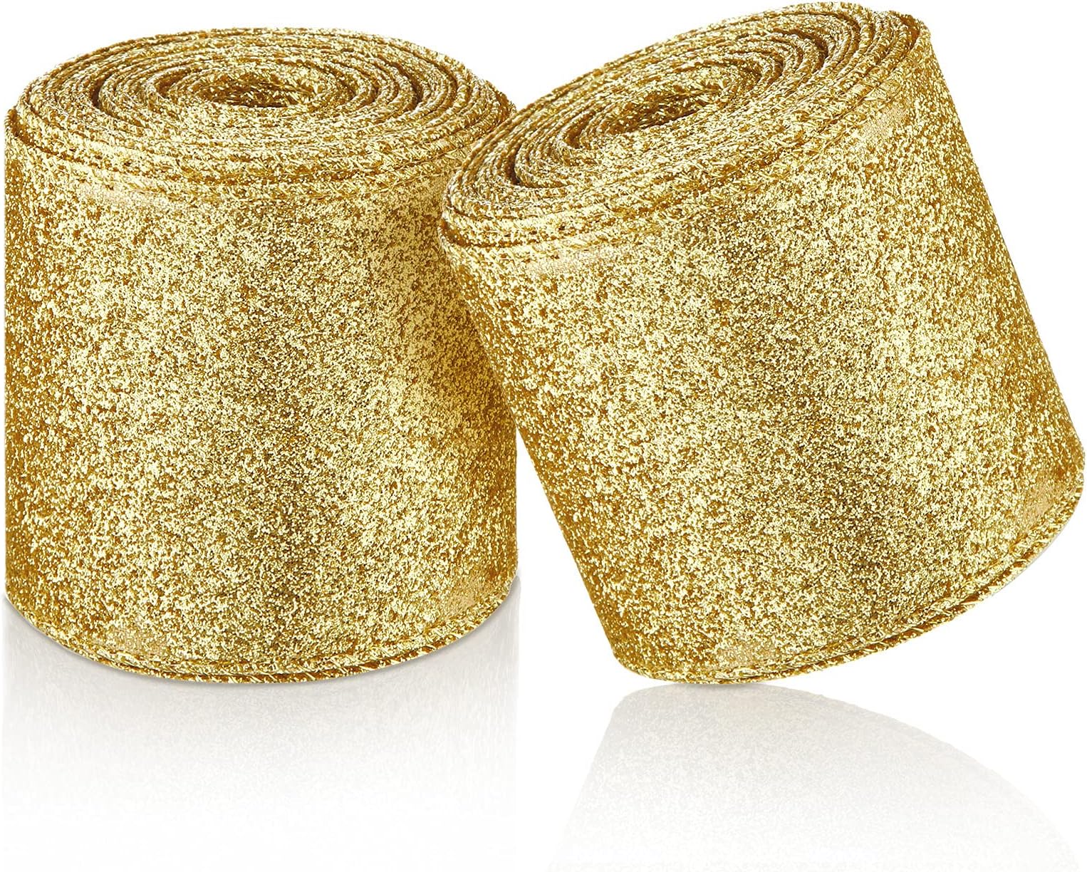 2 Rolls 20 Yards Christmas Ribbon Metallic Glitter Ribbon Wired Edge Decorative Fabric Ribbons for Party Wrapping Home Decorations Wedding Birthday DIY Crafts 2.5 Inch (Gold)