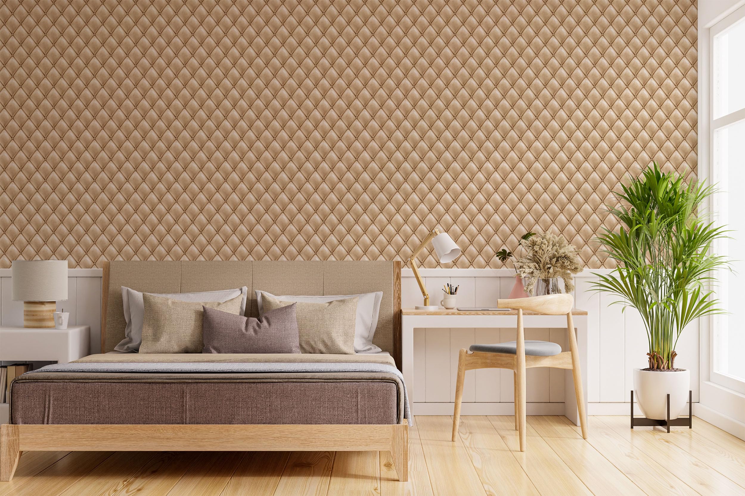 Tapeta flizelinowa beżowa wygląd tapicerowany tapeta Chesterfield